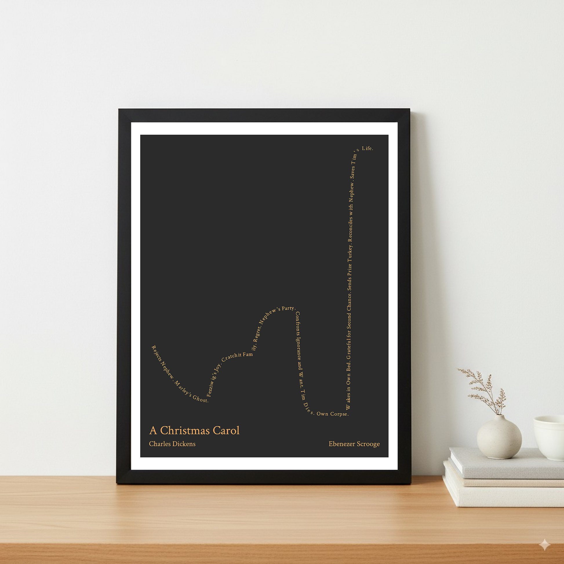 A Christmas Carol — Ebenezer Scrooge — Charles Dickens | ↓ ↑ ↓ ↑↑ — Complex | 11x14 — Storybeats — Gray/Orange | Table — Frame | SKU: 11720225192804284432