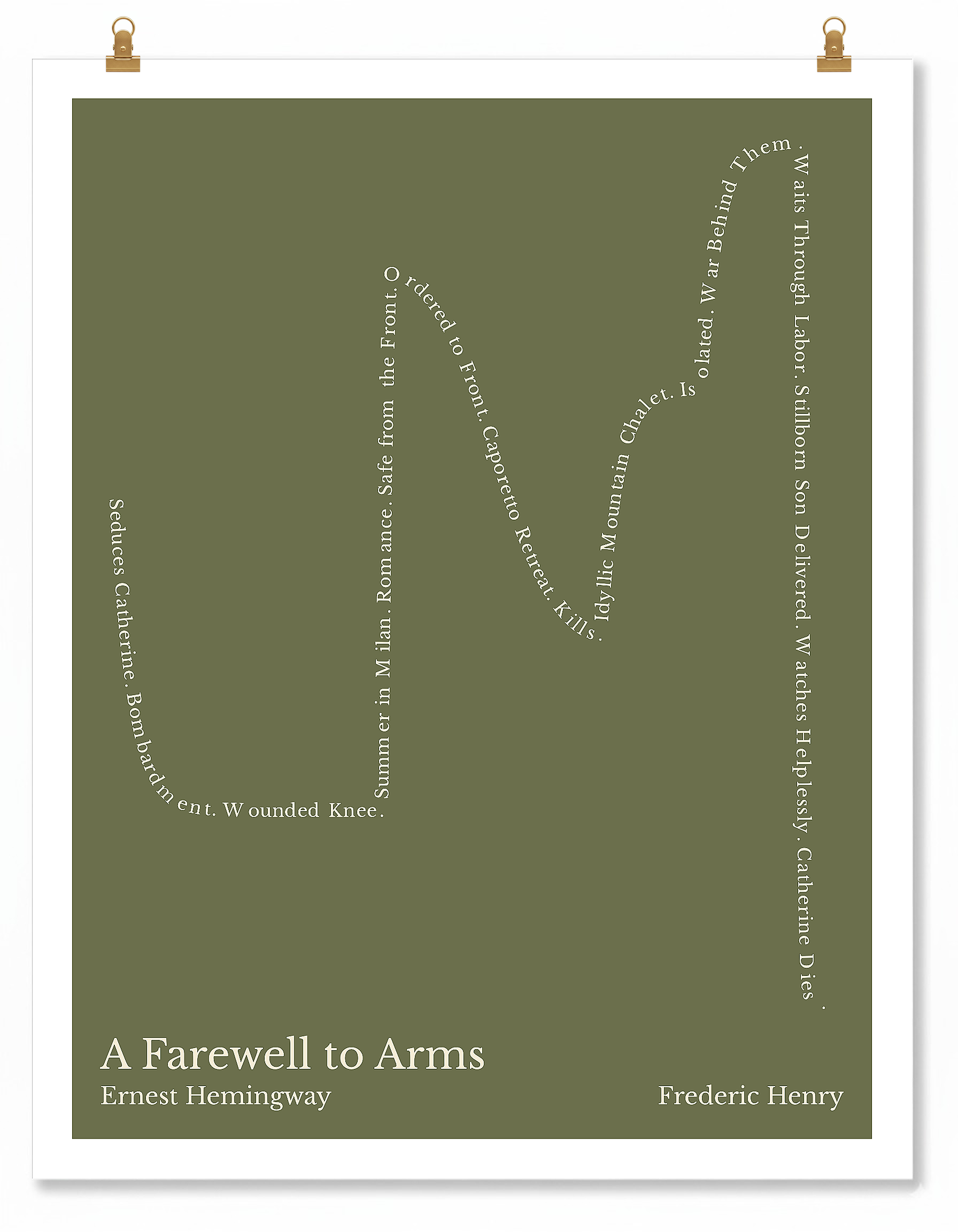 A Farewell to Arms — Frederic Henry — Ernest Hemingway | ↓ ↑↑ ↓ ↑ ↓↓ — Complex | 11x14 — Storybeats — Olive/Beige | Poster | SKU: 14783616916873262311