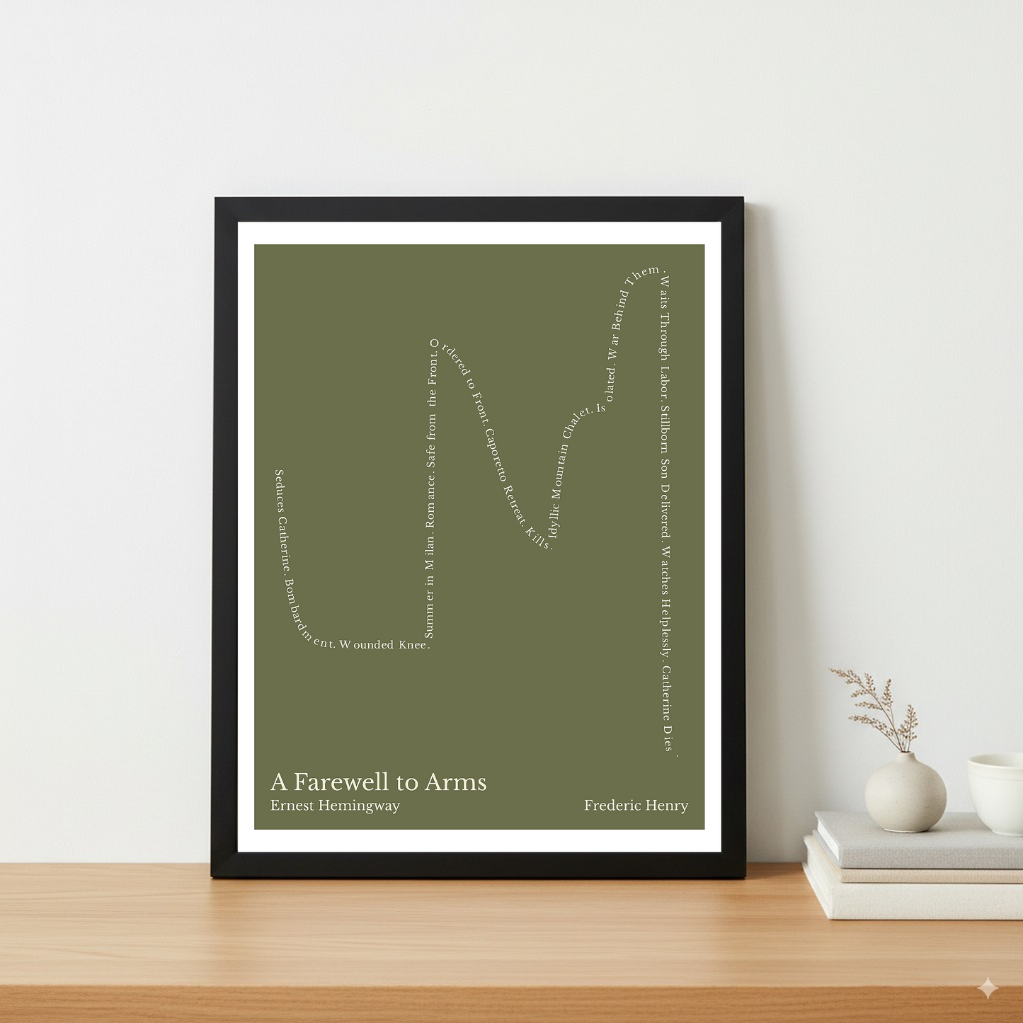 A Farewell to Arms — Frederic Henry — Ernest Hemingway | ↓ ↑↑ ↓ ↑ ↓↓ — Complex | 11x14 — Storybeats — Olive/Beige | Table — Frame | SKU: 14783616916873262311