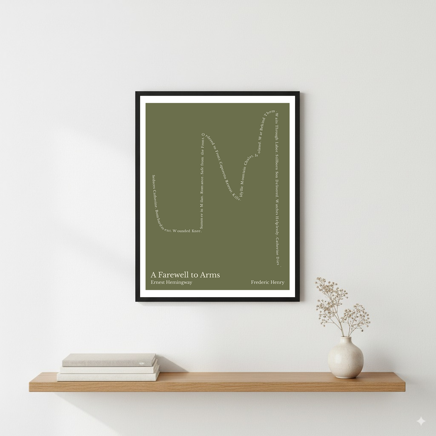 A Farewell to Arms — Frederic Henry — Ernest Hemingway | ↓ ↑↑ ↓ ↑ ↓↓ — Complex | 11x14 — Storybeats — Olive/Beige | Wall — Frame | SKU: 14783616916873262311