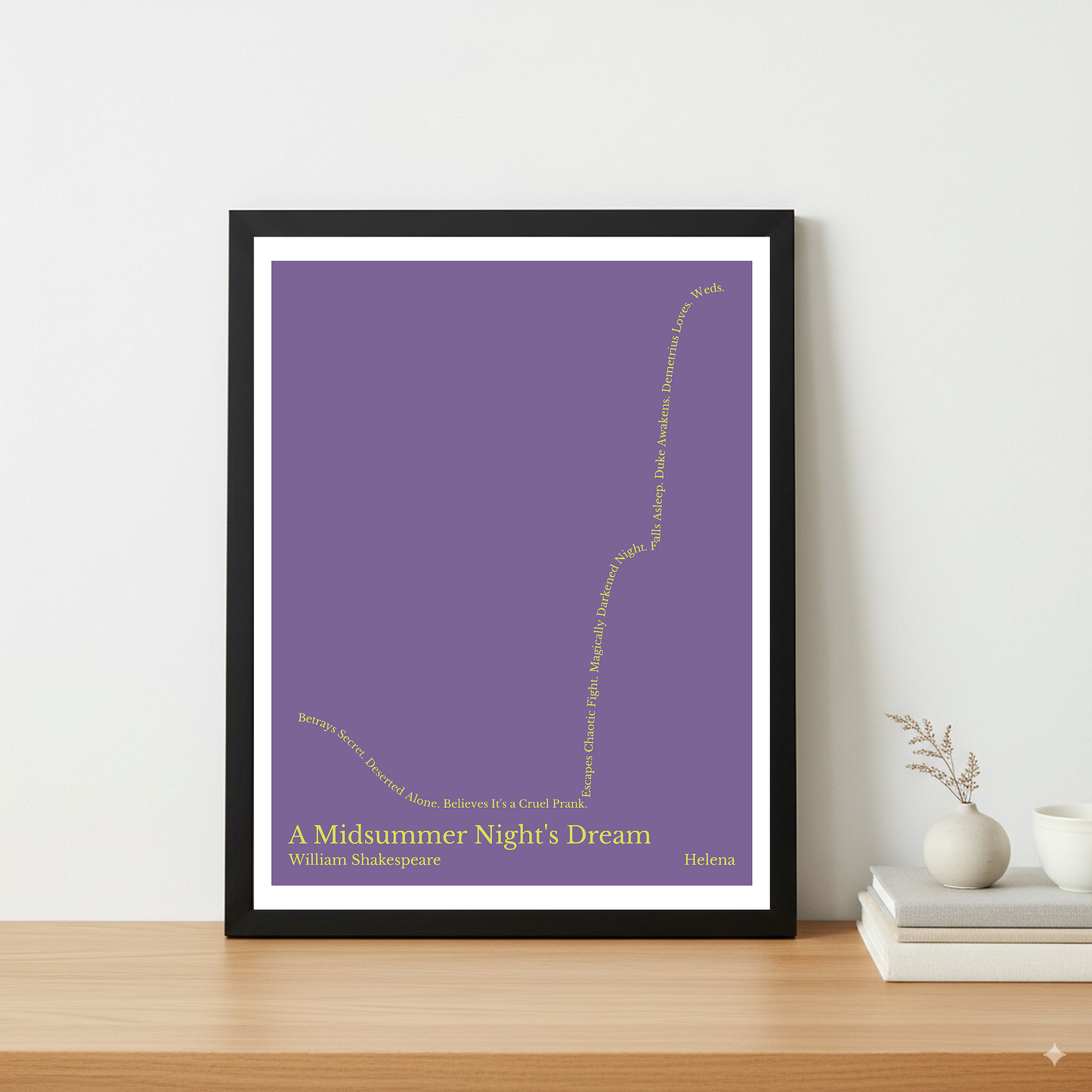 A Midsummer Night's Dream — Helena — William Shakespeare | ↓ → ↑↑↑ — Man in Hole | 11x14 — Storybeats — Purple/Yellow | Table — Frame | SKU: 31164271087060155348