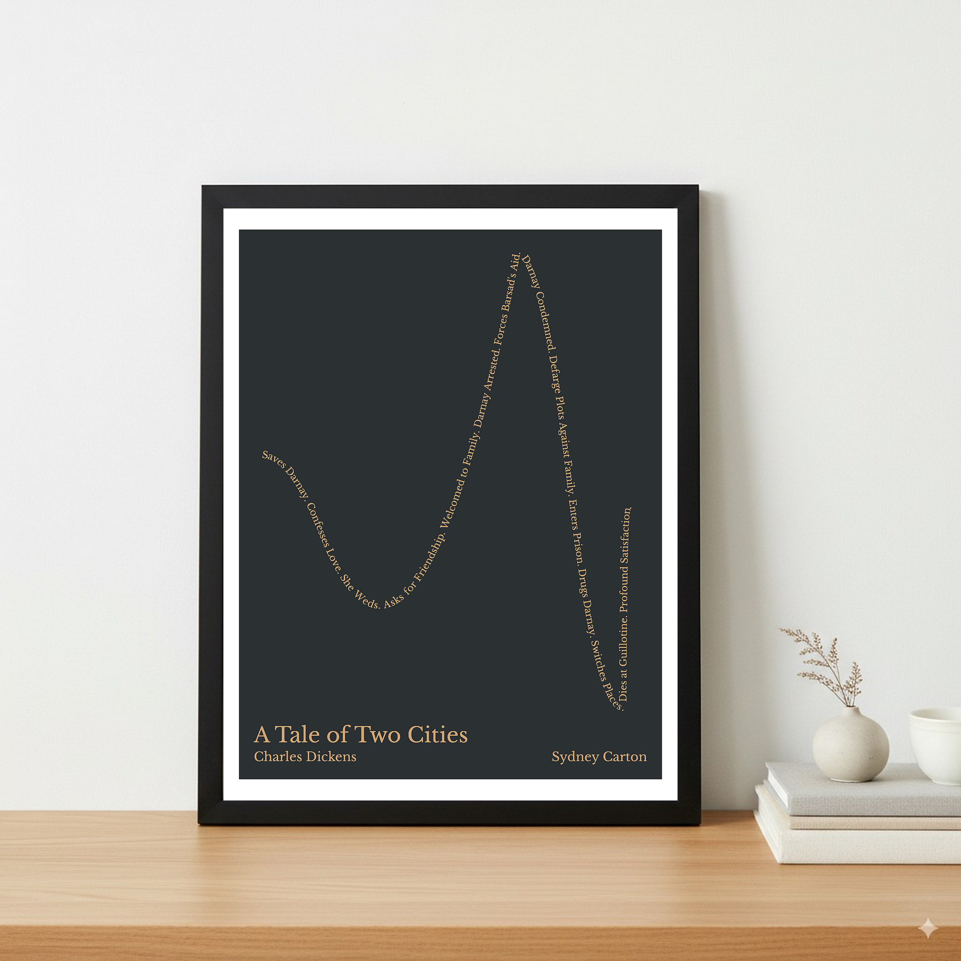 A Tale of Two Cities — Sydney Carton — Charles Dickens | ↓ ↑↑ ↓↓ ↑ — Complex | 11x14 — Storybeats — Charcoal/Tan | Table — Frame | SKU: 55441461055390302002