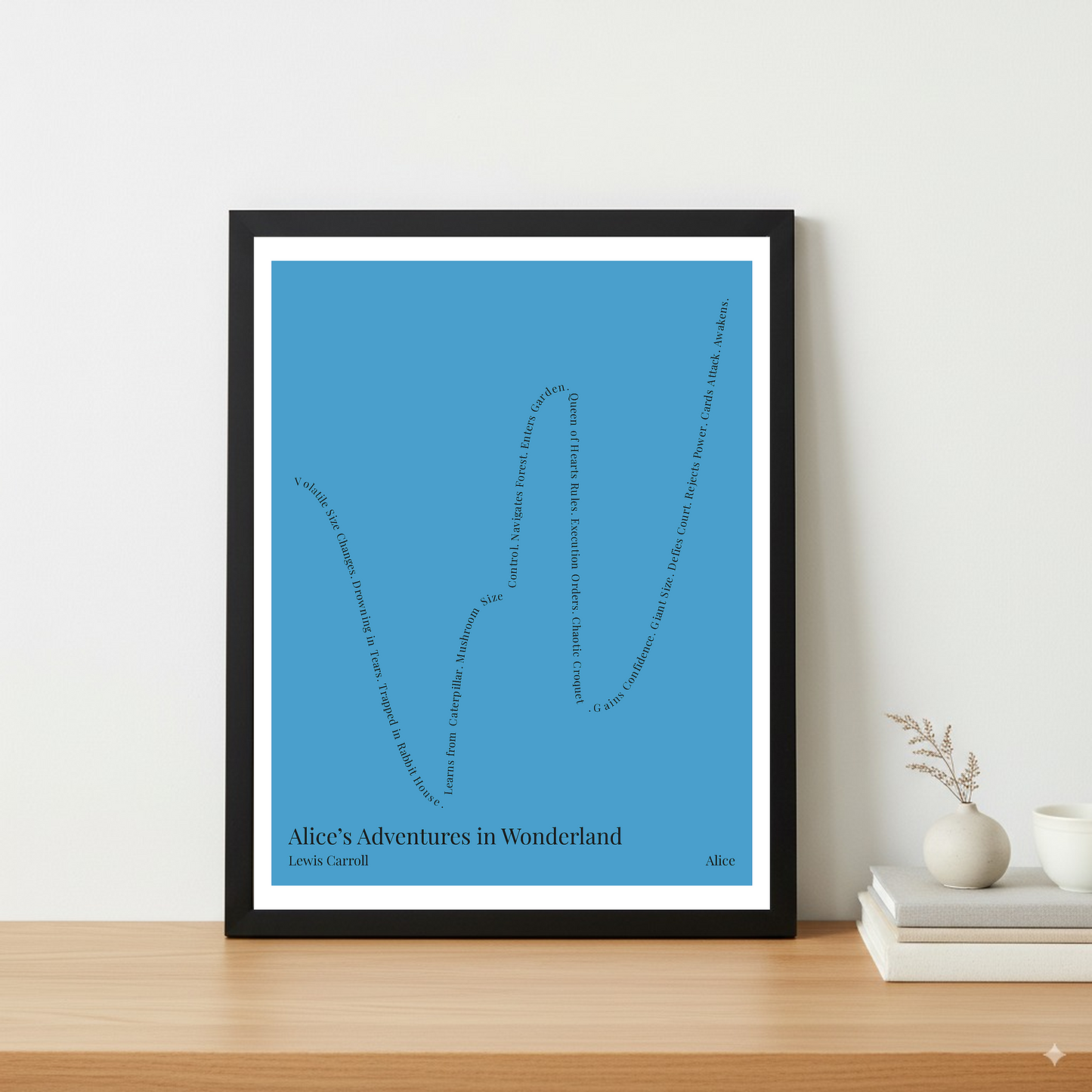 Alice’s Adventures in Wonderland — Alice — Lewis Carroll | ↓ ↑↑ ↓ ↑↑ — Complex | 11x14 — Storybeats — Blue/Black | Table — Frame | SKU: 21481966384733644477