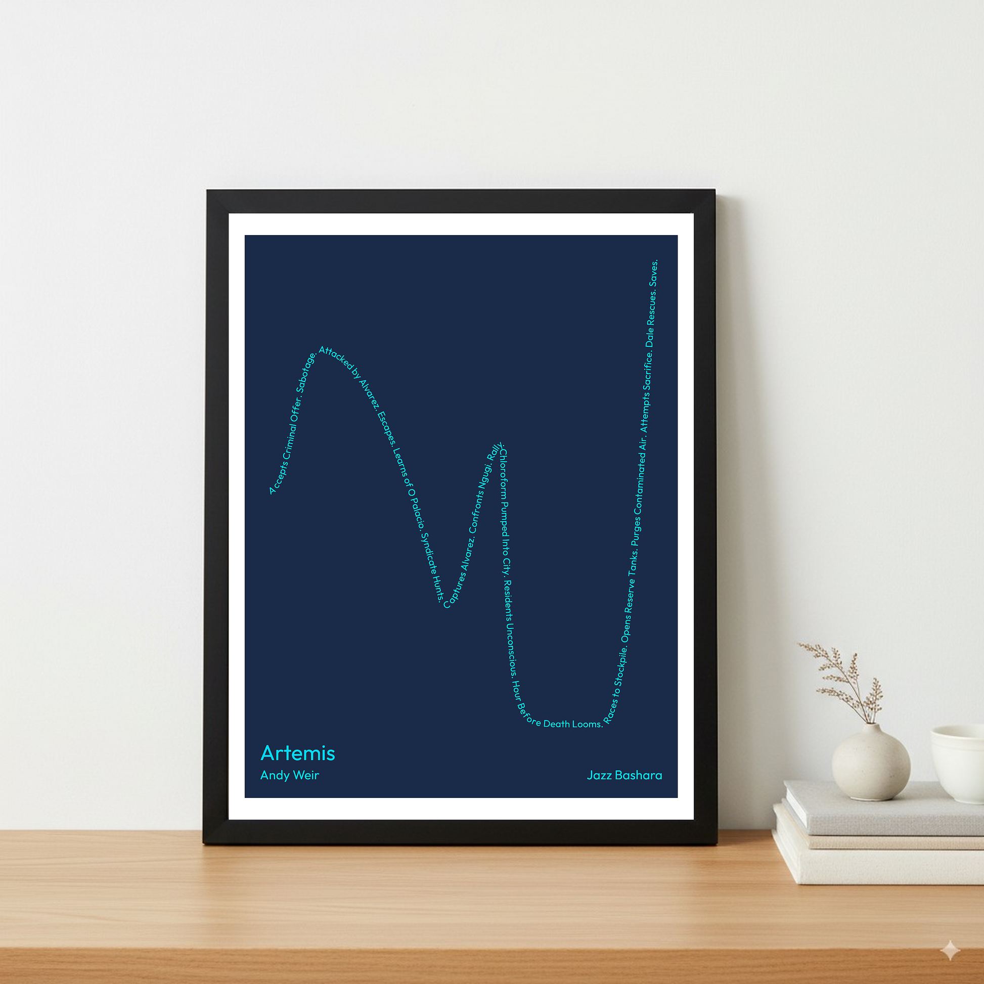 Artemis — Jazz Bashara — Andy Weir | ↑ ↓↓ ↑ ↓ ↑↑ — Complex | 11x14 — Storybeats — Navy/Sky Blue | Table — Frame | SKU: 31234000262836869162