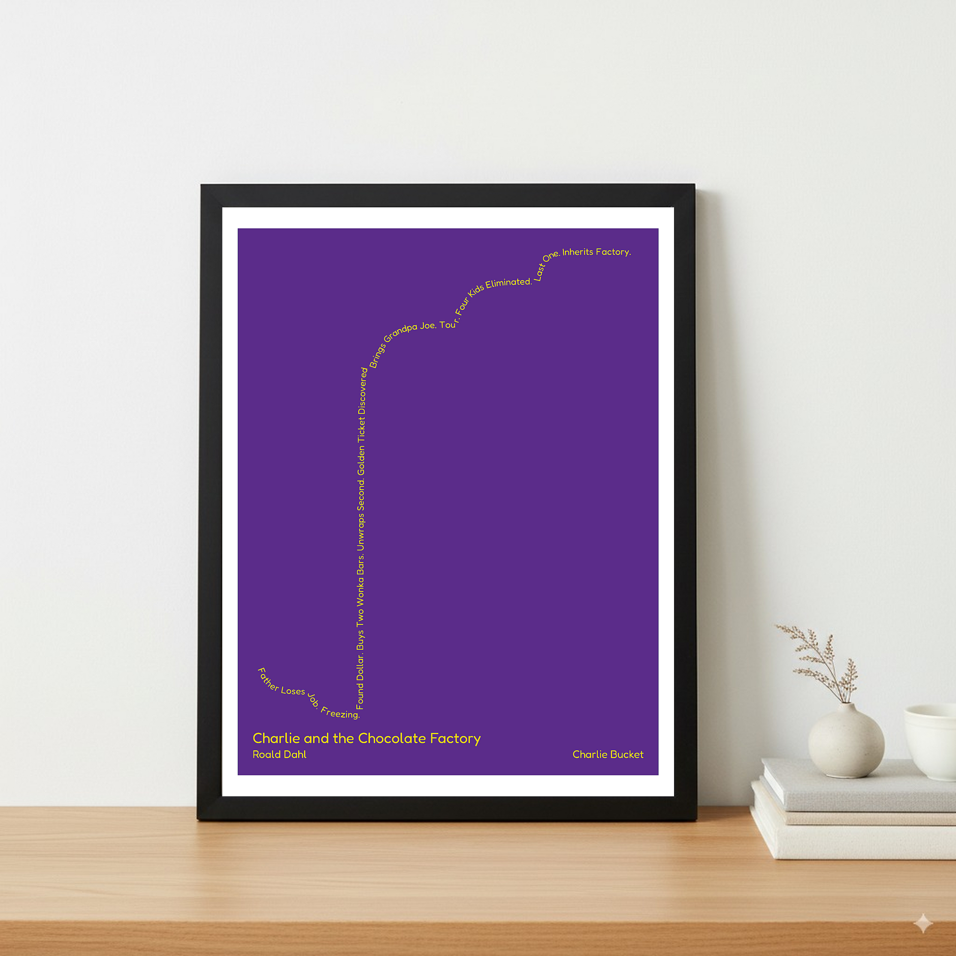 Charlie and the Chocolate Factory — Charlie Bucket — Roald Dahl | → ↑↑↑ — Rags to Riches | 11x14 — Storybeats — Purple/Gold | Table — Frame | SKU: 20938297408113537657