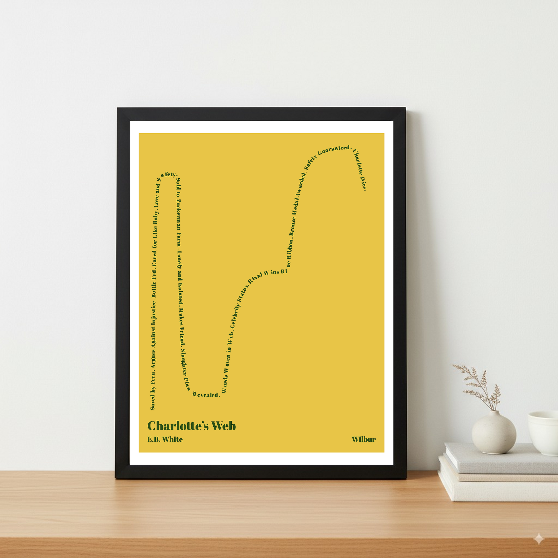 Charlotte’s Web — Wilbur — E.B. White | ↑↑ ↓↓ ↑↑ ↓ — Complex | 11x14 — Storybeats — Gold/Forest | Table — Frame | SKU: 20895727960327258053