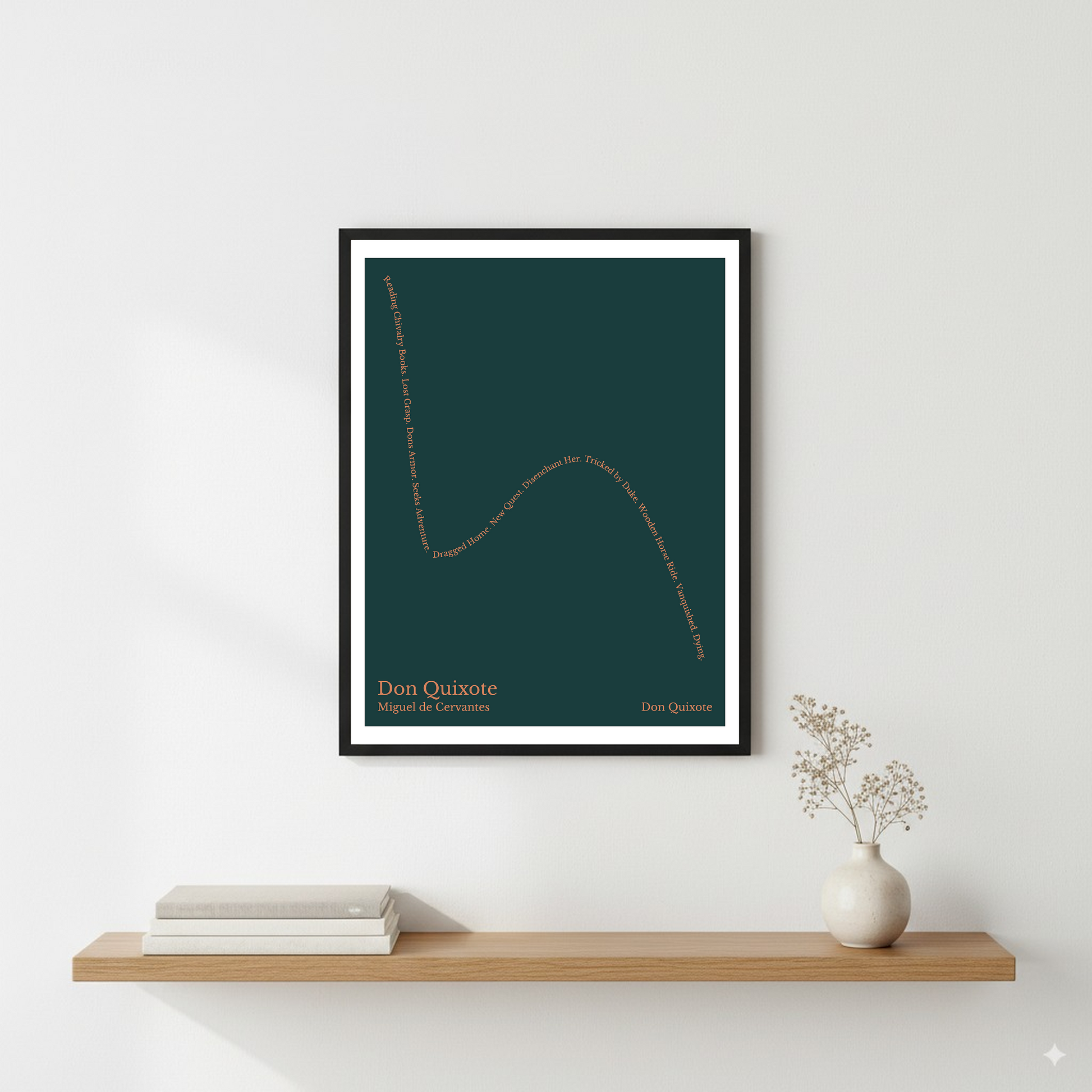 Don Quixote — Don Quixote — Miguel de Cervantes | ↓↓ ↑ ↓↓ — Oedipus | 11x14 — Storybeats — Charcoal/Orange | Wall — Frame | SKU: 16882405497471685204