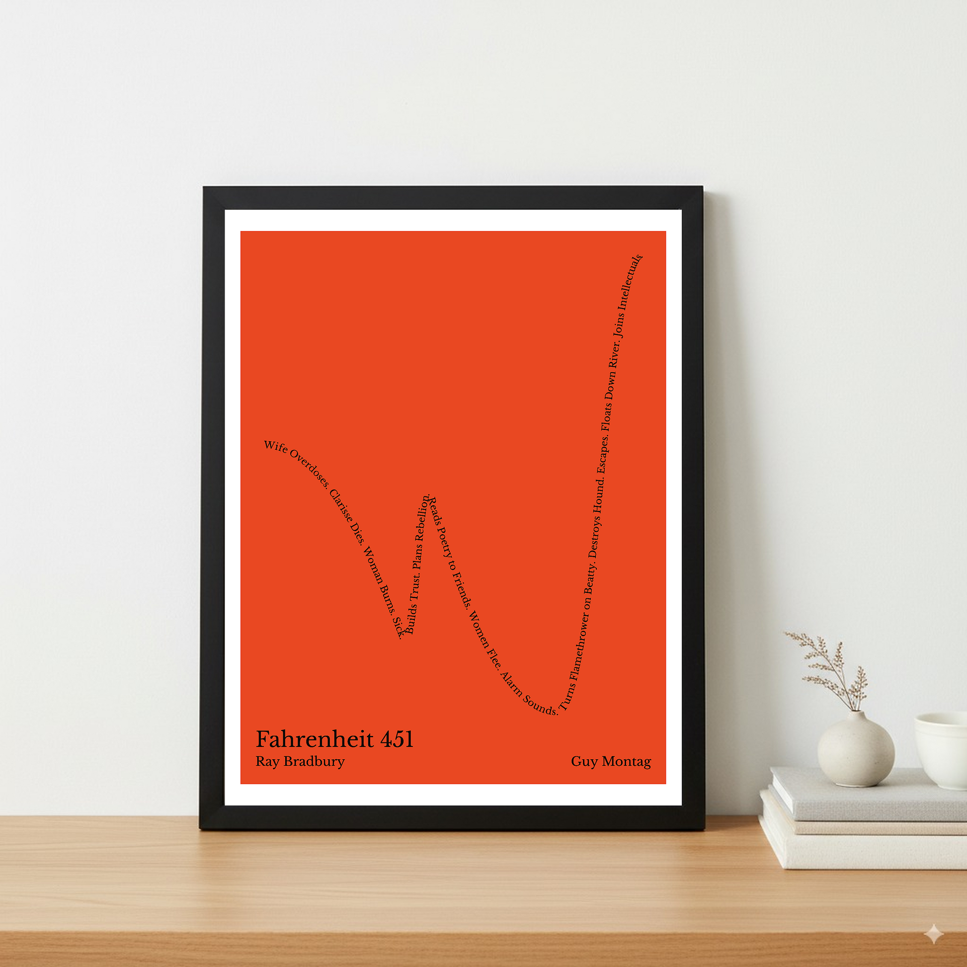 Fahrenheit 451 — Guy Montag — Ray Bradbury | ↓ ↑ ↓ ↑↑ — Complex | 11x14 — Storybeats — Red/Black | Table — Frame | SKU: 58799367708679571188