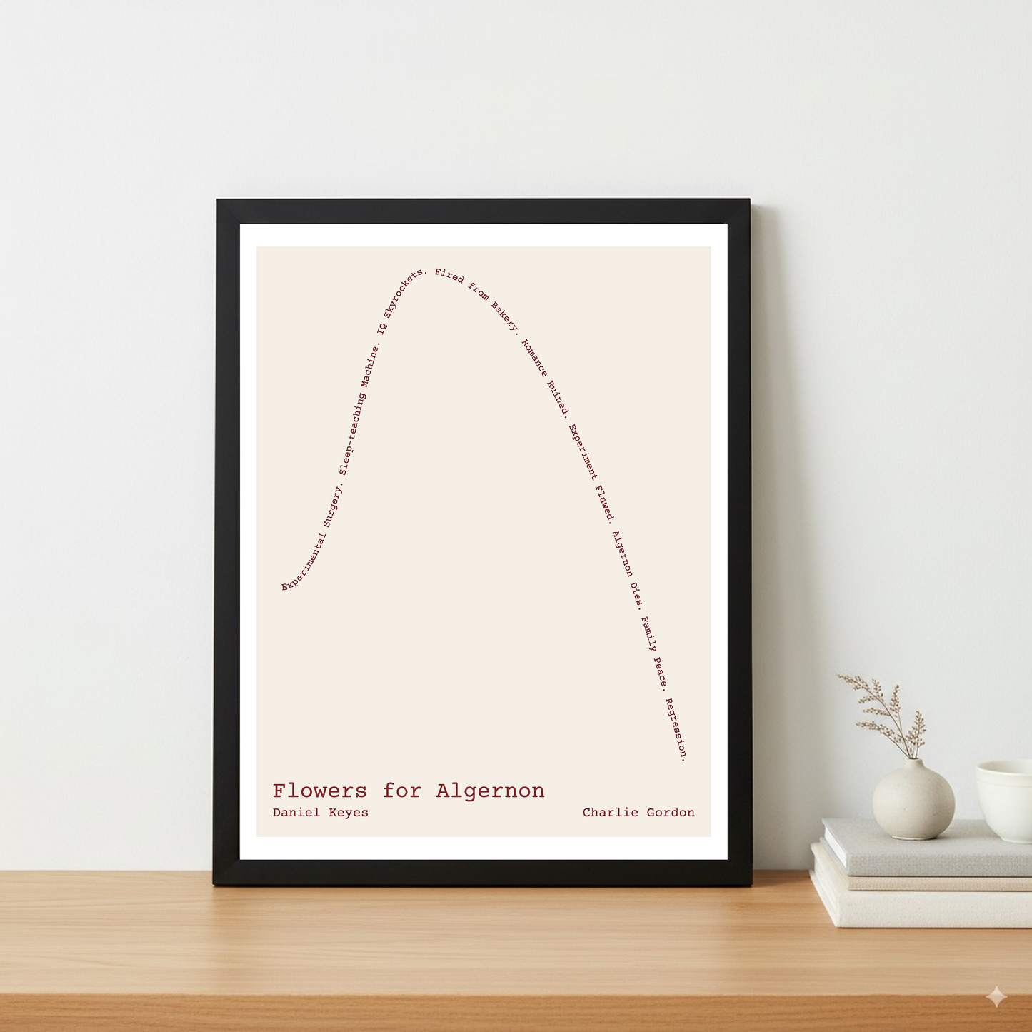 Flowers for Algernon — Charlie Gordon — Daniel Keyes | ↑ ↓↓ — Icarus | 11x14 — Storybeats — Ivory/Brown | Table — Frame | SKU: 17782600790042521325