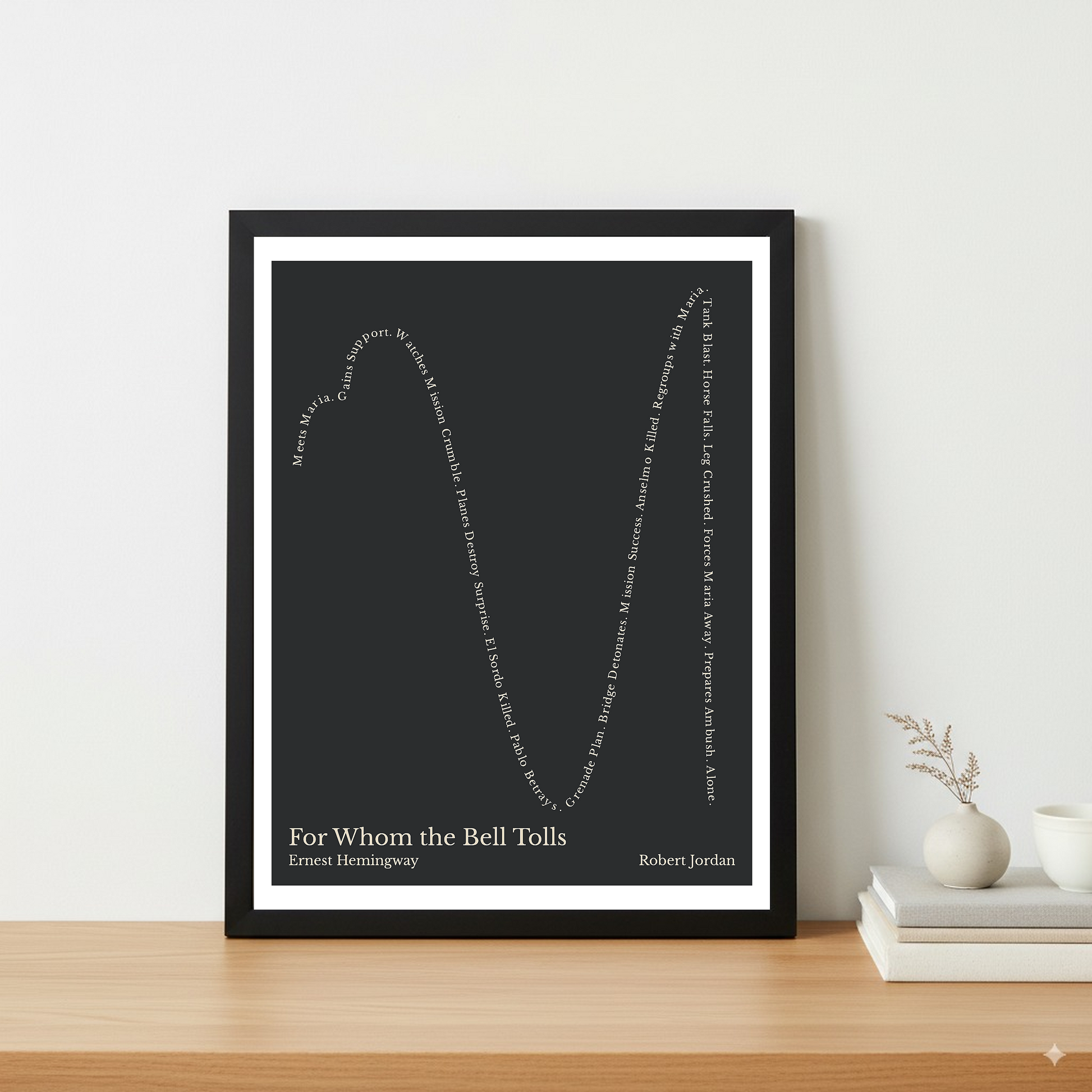 For Whom the Bell Tolls — Robert Jordan — Ernest Hemingway | ↑ ↓↓ ↑↑ ↓↓ — Complex | 11x14 — Storybeats — Gray/Beige | Table — Frame | SKU: 14342068786200673400