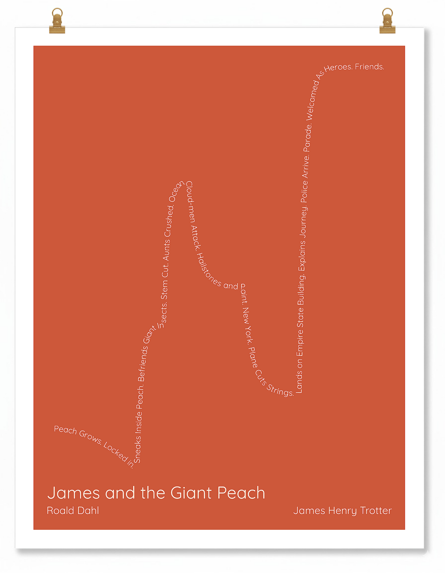 James and the Giant Peach — James Henry Trotter — Roald Dahl | → ↑↑ ↓ ↑↑ — Boy Meets Girl | 11x14 — Storybeats — Red/Beige | Poster | SKU: 91531268458795756006