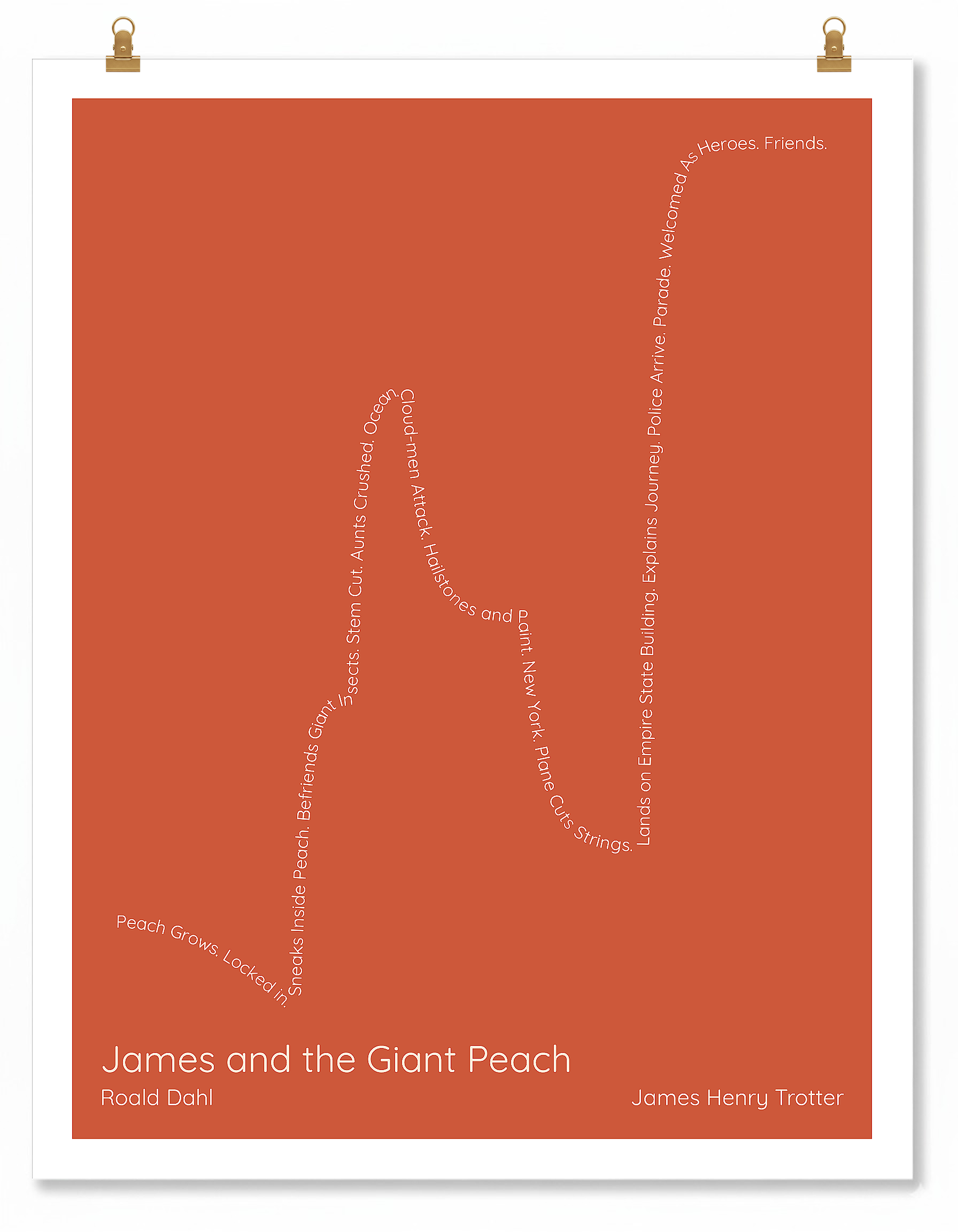 James and the Giant Peach — James Henry Trotter — Roald Dahl | → ↑↑ ↓ ↑↑ — Boy Meets Girl | 11x14 — Storybeats — Red/Beige | Poster | SKU: 91531268458795756006