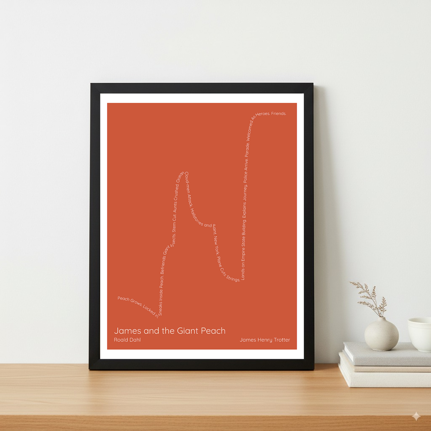James and the Giant Peach — James Henry Trotter — Roald Dahl | → ↑↑ ↓ ↑↑ — Boy Meets Girl | 11x14 — Storybeats — Red/Beige | Table — Frame | SKU: 91531268458795756006