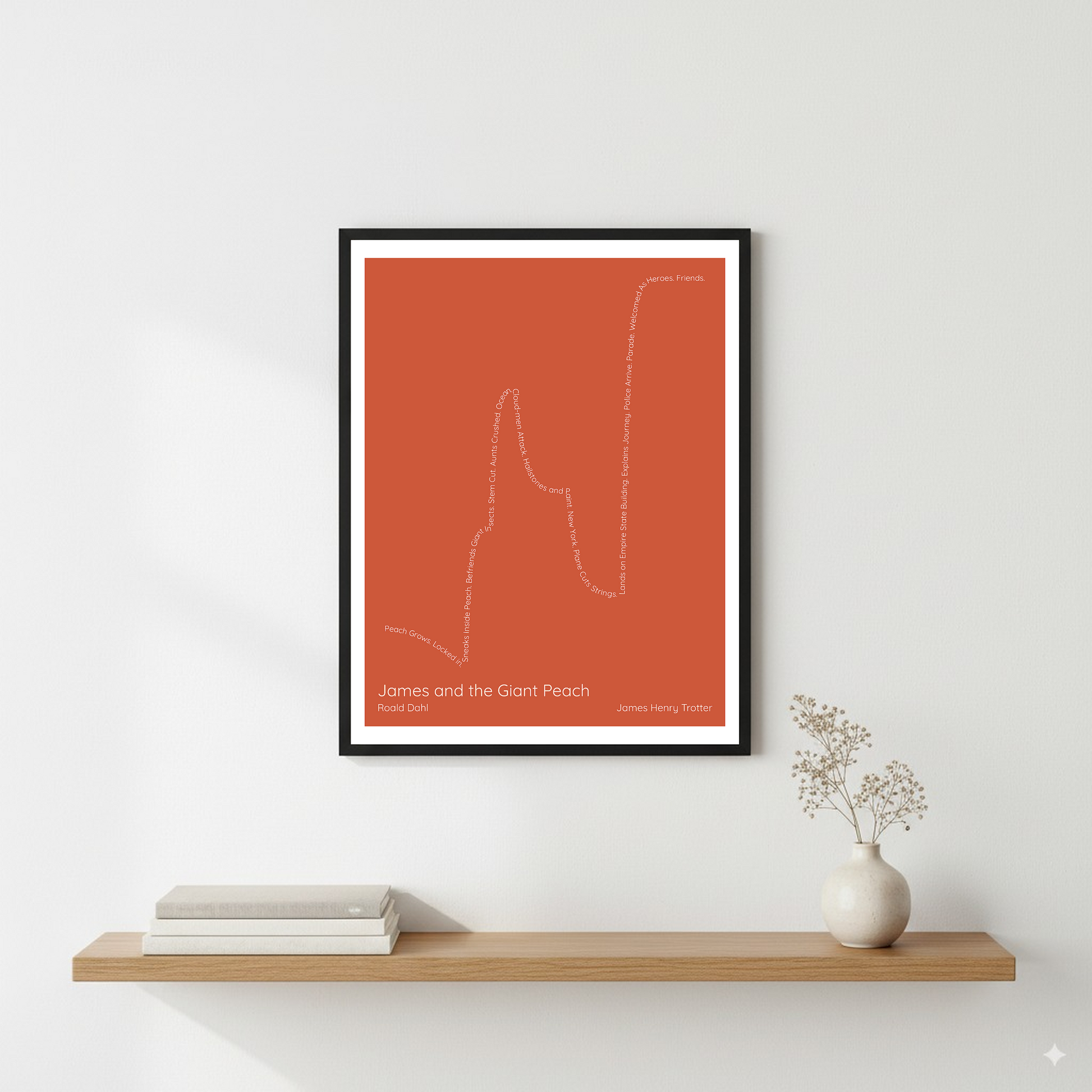 James and the Giant Peach — James Henry Trotter — Roald Dahl | → ↑↑ ↓ ↑↑ — Boy Meets Girl | 11x14 — Storybeats — Red/Beige | Wall — Frame | SKU: 91531268458795756006