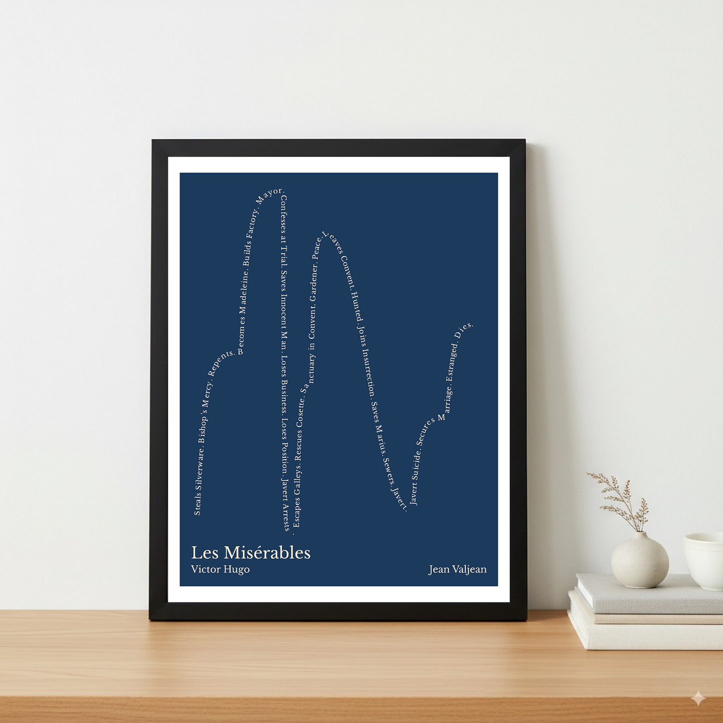 Les Misérables — Jean Valjean — Victor Hugo | ↑↑ ↓↓ ↑↑ ↓↓ ↑ — Complex | 11x14 — Storybeats — Navy/Beige | Table — Frame | SKU: 30303533013523515602