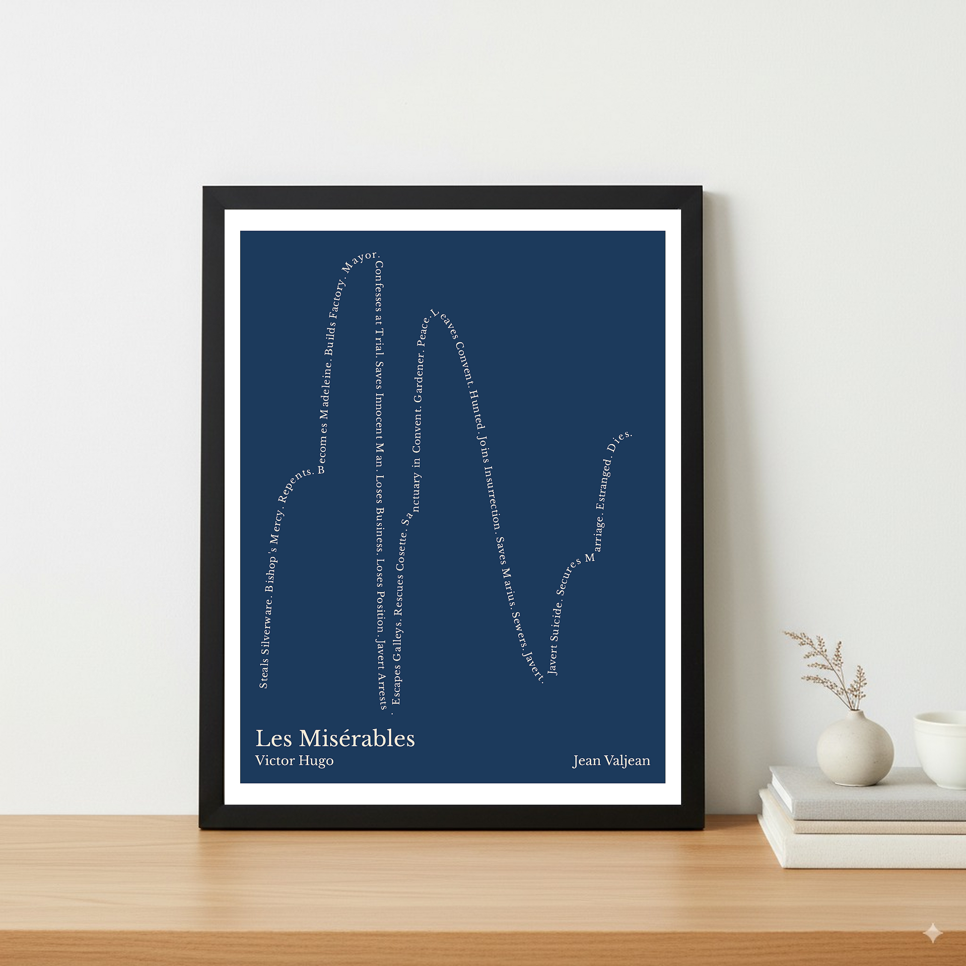 Les Misérables — Jean Valjean — Victor Hugo | ↑↑ ↓↓ ↑↑ ↓↓ ↑ — Complex | 11x14 — Storybeats — Navy/Beige | Table — Frame | SKU: 30303533013523515602