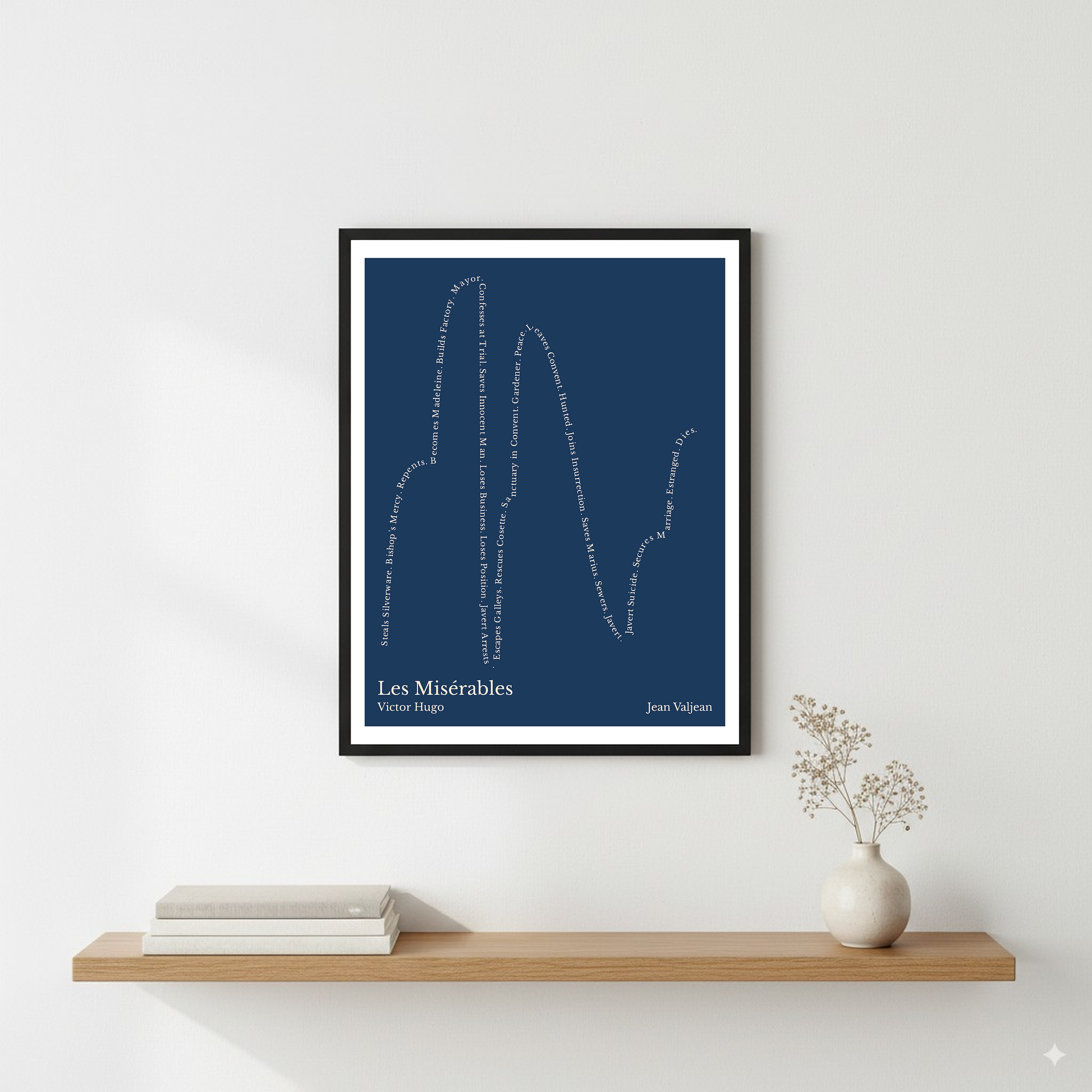 Les Misérables — Jean Valjean — Victor Hugo | ↑↑ ↓↓ ↑↑ ↓↓ ↑ — Complex | 11x14 — Storybeats — Navy/Beige | Wall — Frame | SKU: 30303533013523515602