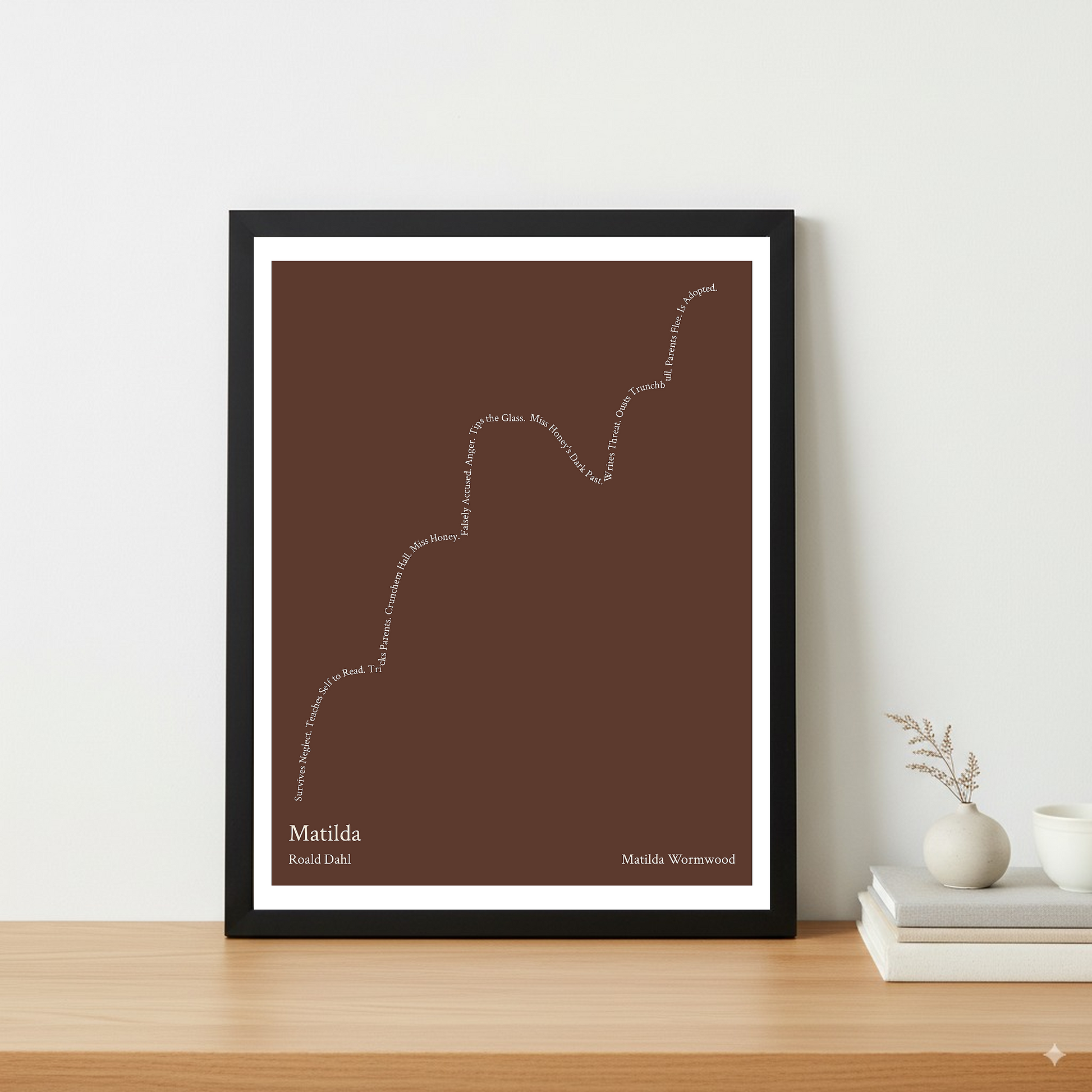 Matilda — Matilda Wormwood — Roald Dahl | ↑↑ ↓ ↑ — Boy Meets Girl | 11x14 — Storybeats — Brown/Beige | Table — Frame | SKU: 12448726590358525276