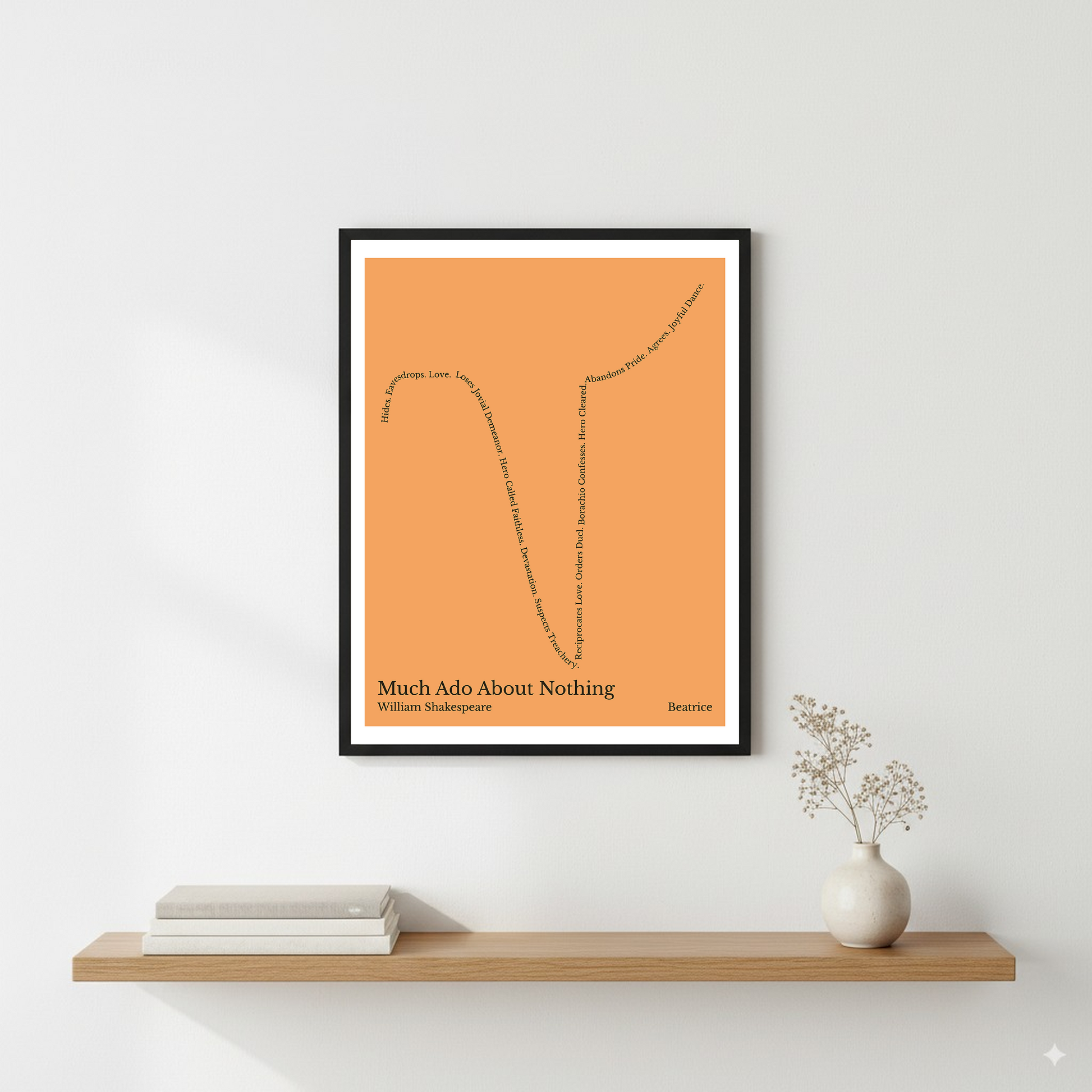 Much Ado About Nothing — Beatrice — William Shakespeare | ↑ ↓↓ ↑↑ — Boy Meets Girl | 11x14 — Storybeats — Orange/Black | Wall — Frame | SKU: 16538416915144069528
