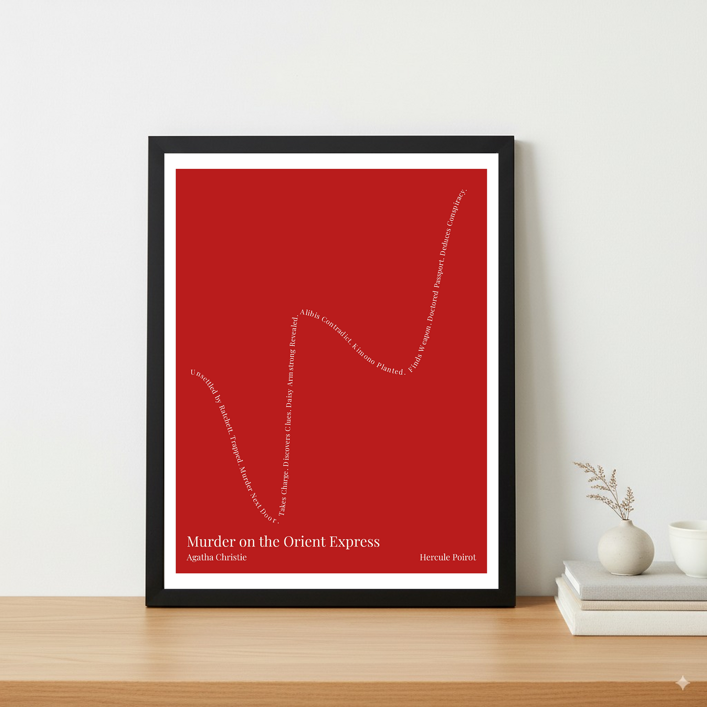 Murder on the Orient Express — Hercule Poirot — Agatha Christie | ↓ ↑↑ ↓ ↑↑ — Complex | 11x14 — Storybeats — Red/Ivory | Table — Frame | SKU: 31587598722751027207