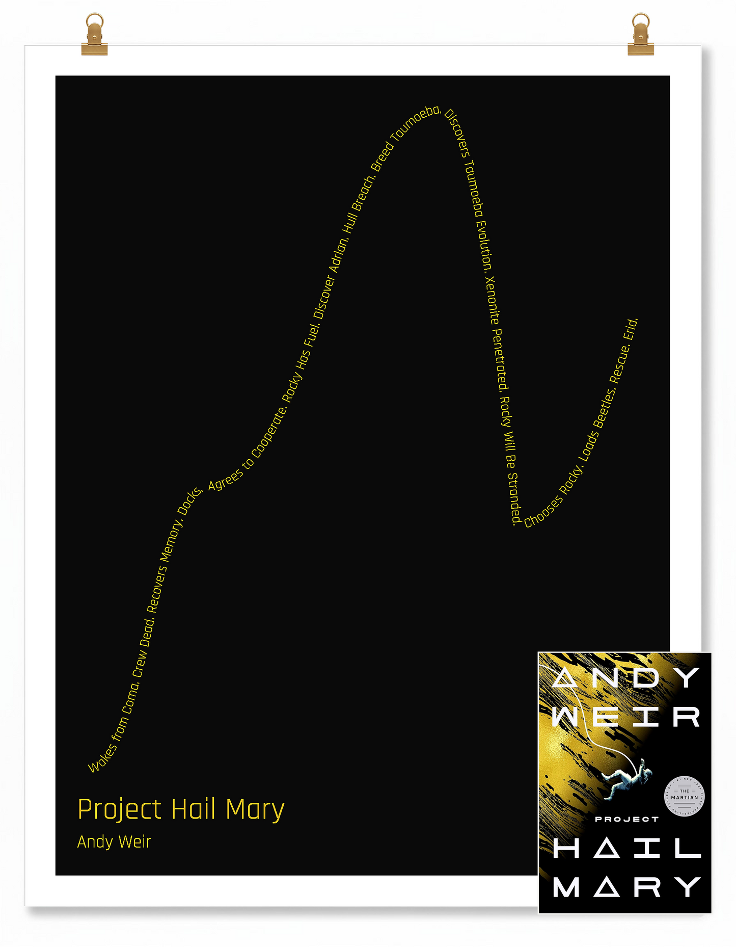 Project Hail Mary — Ryland Grace — Andy Weir | ↑↑ ↓↓ ↑ — Boy Meets Girl | 11x14 — Storybeats — Black/Gold | SKU: 41089288403247493034