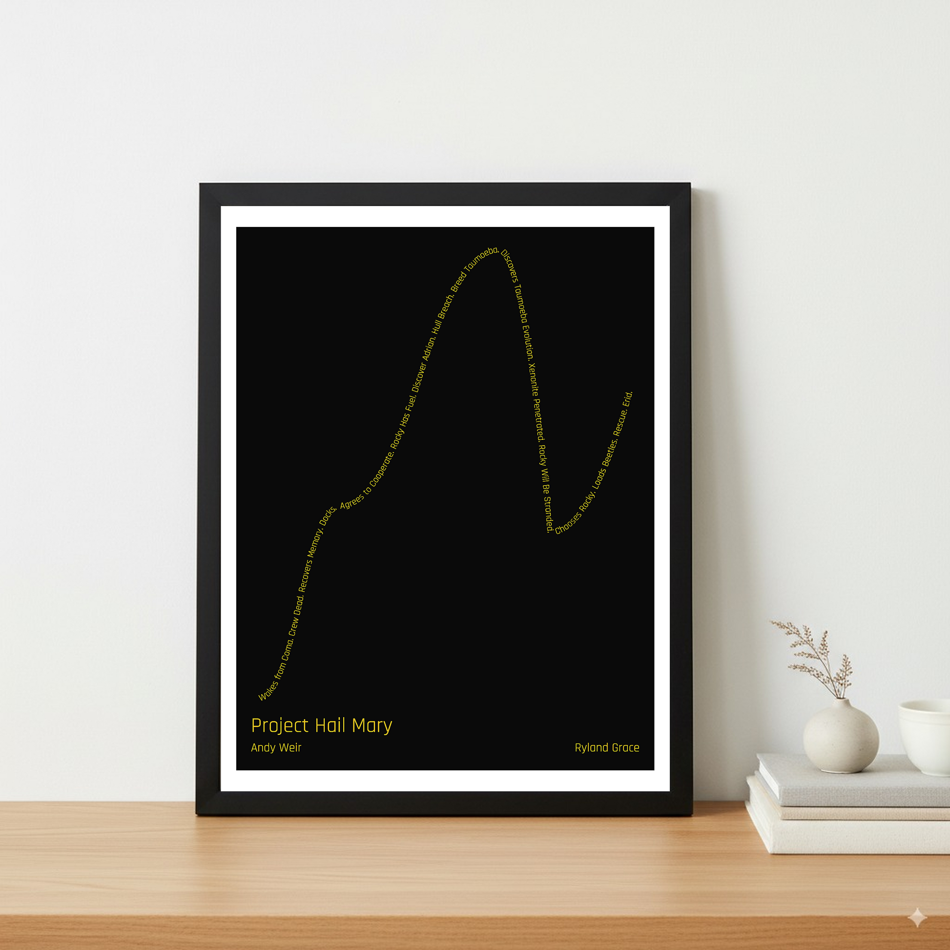 Project Hail Mary — Ryland Grace — Andy Weir | ↑↑ ↓↓ ↑ — Boy Meets Girl | 11x14 — Storybeats — Black/Gold | Table — Frame | SKU: 41089288403247493034