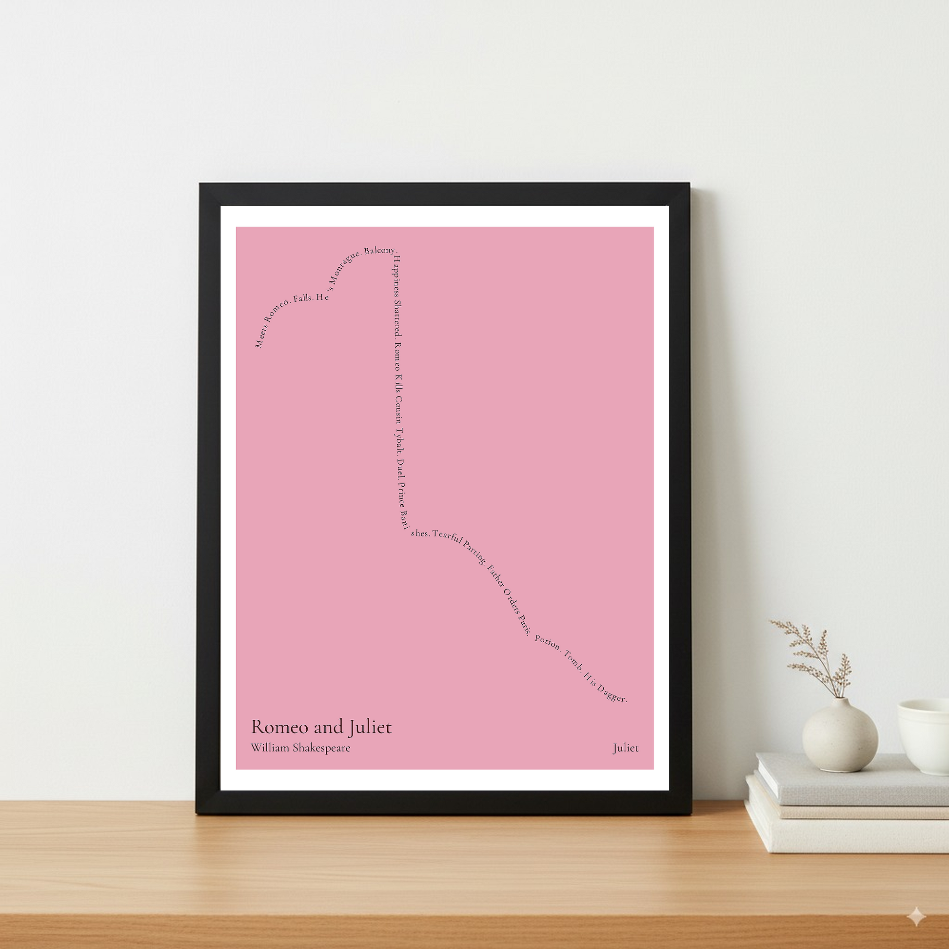 Romeo and Juliet — Juliet — William Shakespeare | ↑ ↓↓↓ — Icarus | 11x14 — Storybeats — Pink/Black | Table — Frame | SKU: 21923608876238586022