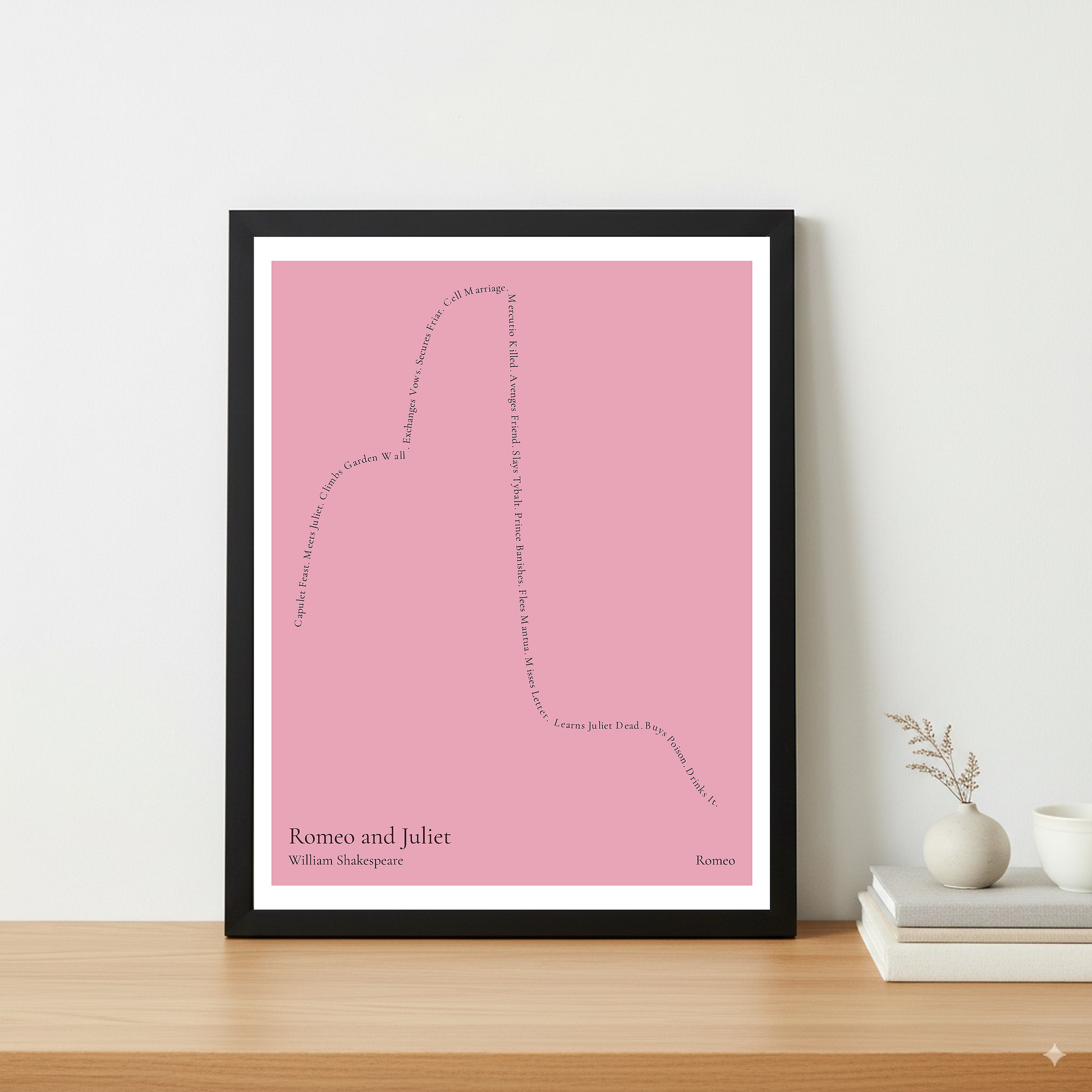 Romeo and Juliet — Romeo — William Shakespeare | ↑ ↓↓ — Icarus | 11x14 — Storybeats — Pink/Black | Table — Frame | SKU: 85638760750451076852