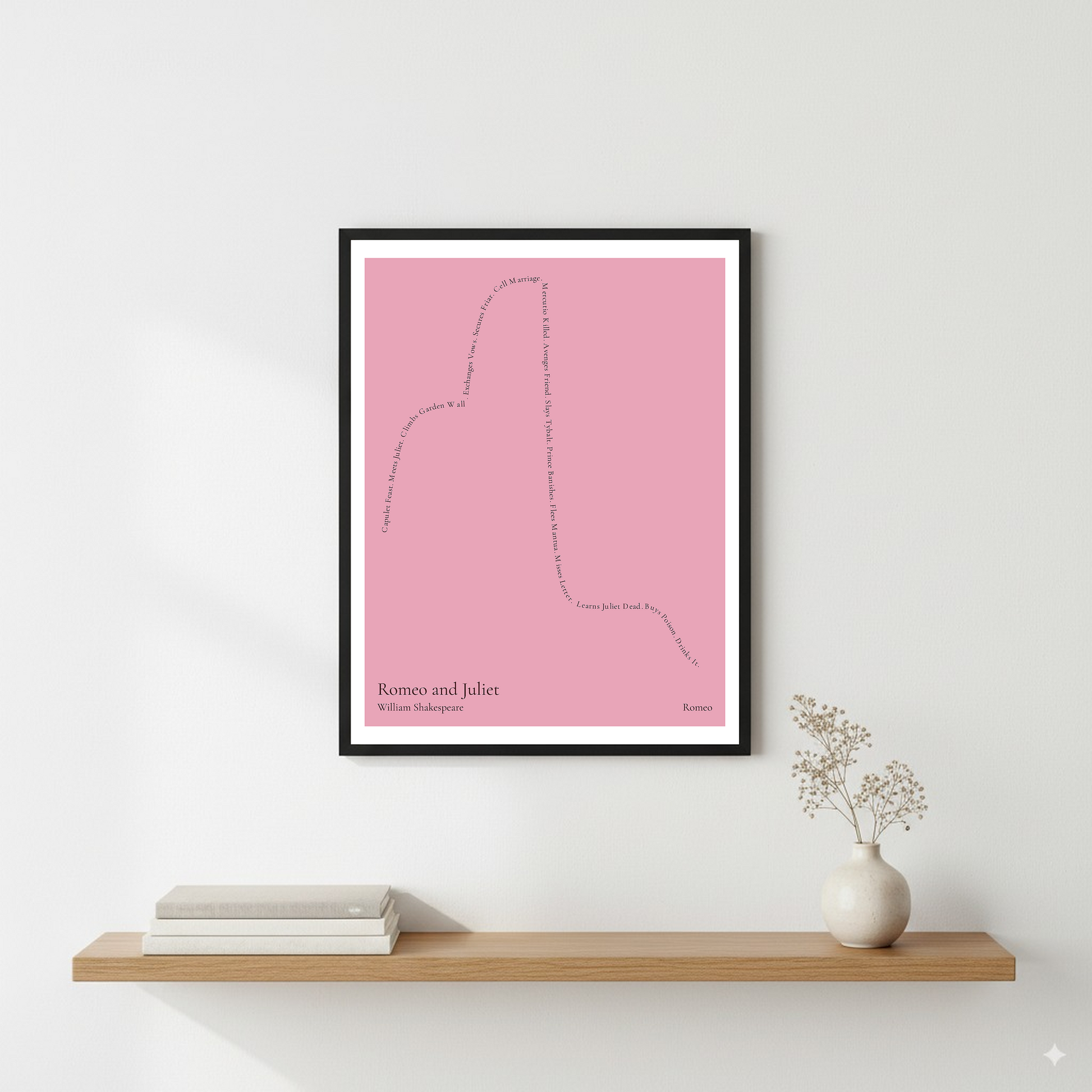 Romeo and Juliet — Romeo — William Shakespeare | ↑ ↓↓ — Icarus | 11x14 — Storybeats — Pink/Black | Wall — Frame | SKU: 85638760750451076852