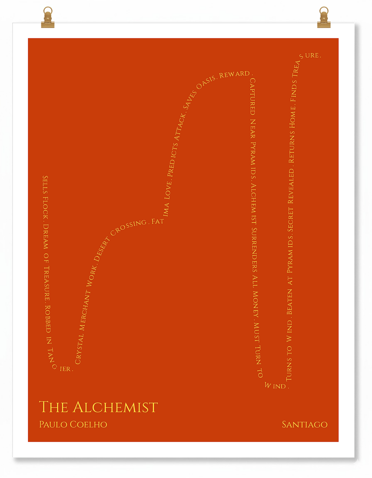 The Alchemist — Santiago — Paulo Coelho | ↓ ↑↑ ↓↓ ↑↑ — Complex | 11x14 — Storybeats — Red/Gold | Poster | SKU: 17807246032321930309