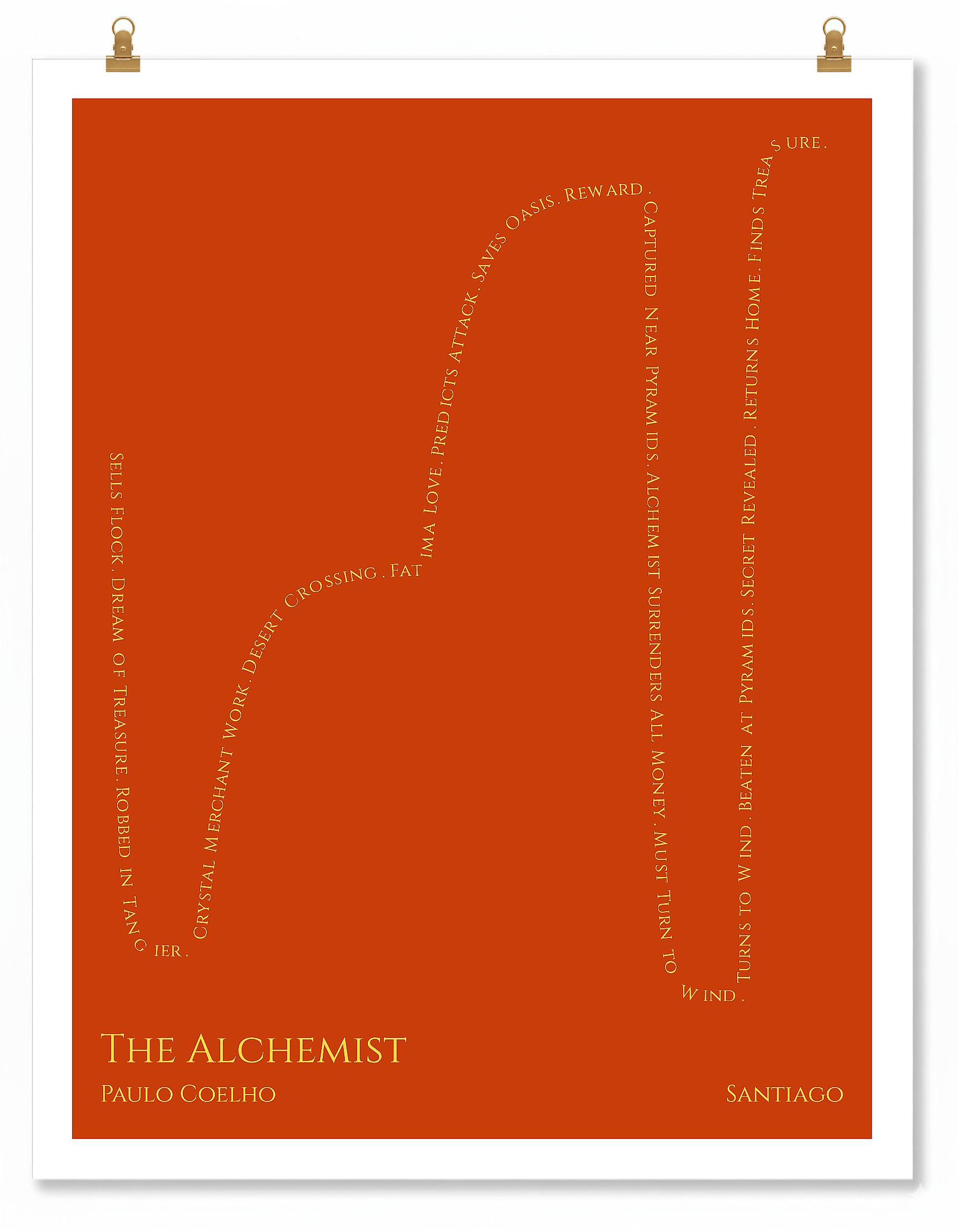 The Alchemist — Santiago — Paulo Coelho | ↓ ↑↑ ↓↓ ↑↑ — Complex | 11x14 — Storybeats — Red/Gold | Poster | SKU: 17807246032321930309