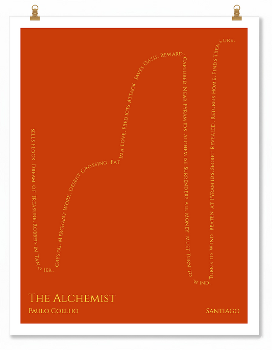 The Alchemist — Santiago — Paulo Coelho | ↓ ↑↑ ↓↓ ↑↑ — Complex | 11x14 — Storybeats — Red/Gold | Poster | SKU: 17807246032321930309