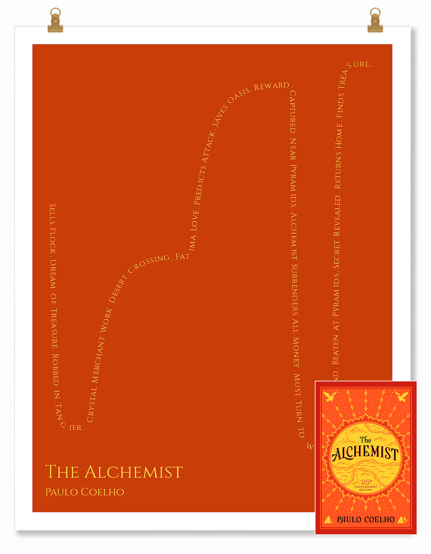The Alchemist — Santiago — Paulo Coelho | ↓ ↑↑ ↓↓ ↑↑ — Complex | 11x14 — Storybeats — Red/Gold | SKU: 17807246032321930309