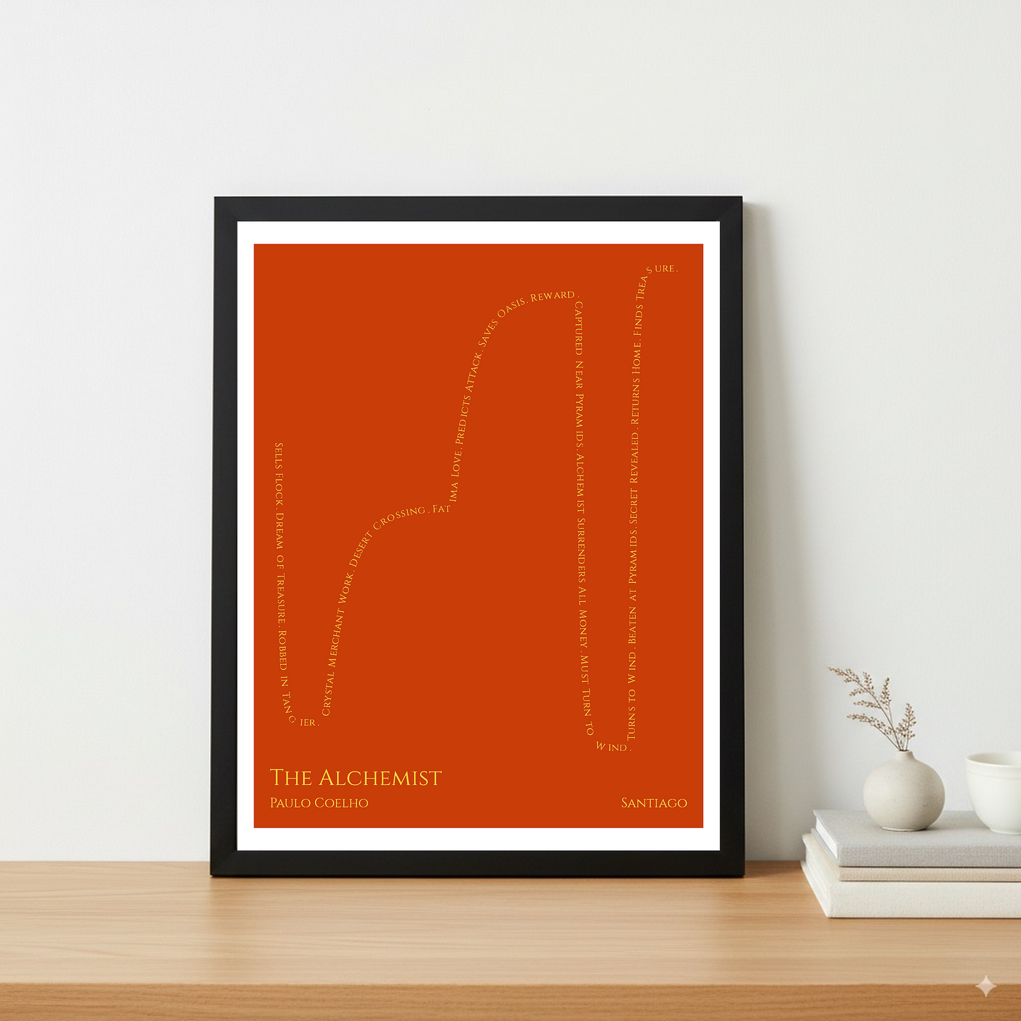 The Alchemist — Santiago — Paulo Coelho | ↓ ↑↑ ↓↓ ↑↑ — Complex | 11x14 — Storybeats — Red/Gold | Table — Frame | SKU: 17807246032321930309