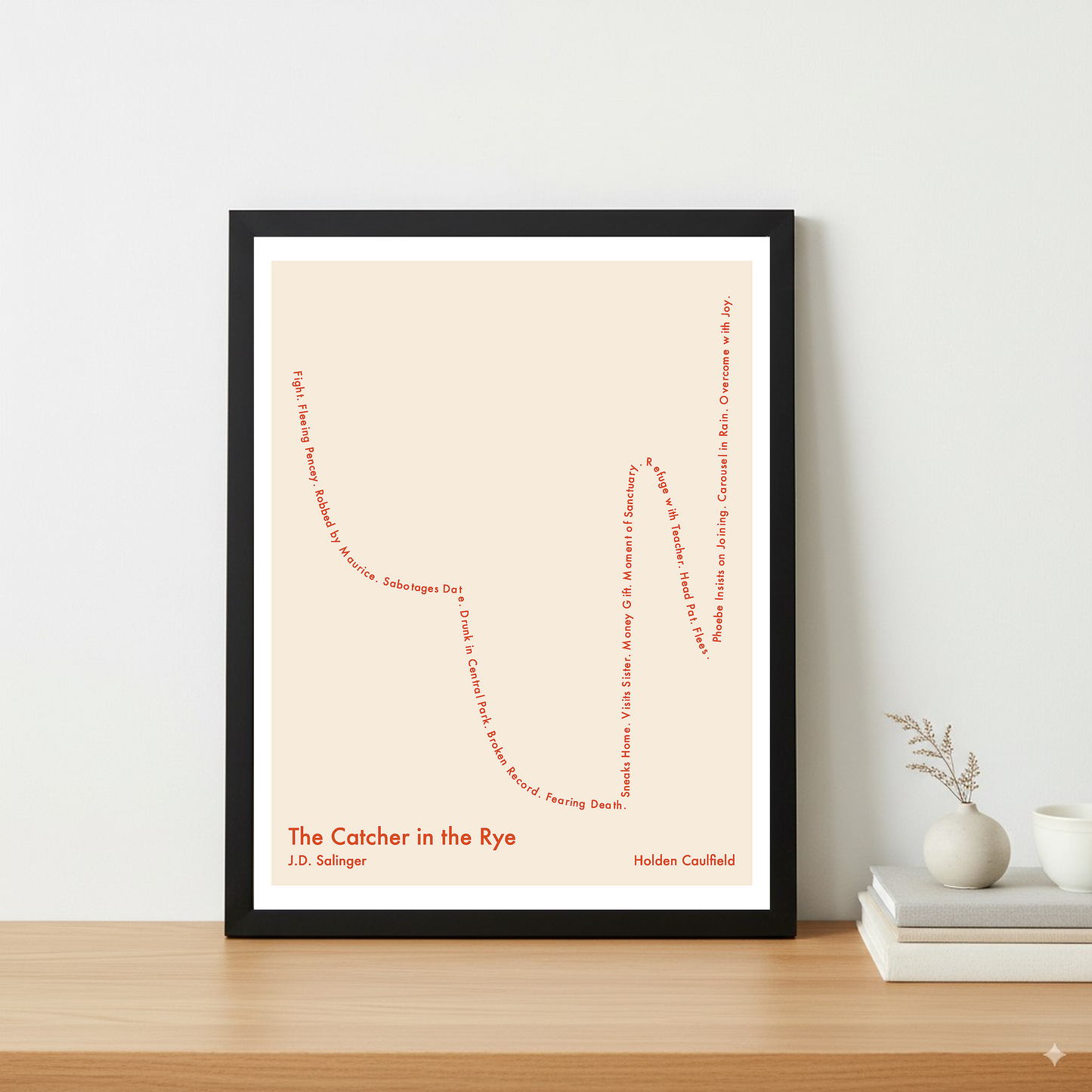 The Catcher in the Rye — Holden Caulfield — J.D. Salinger | ↓↓ ↑ ↓ ↑↑ — Complex | 11x14 — Storybeats — Ivory/Red | Table — Frame | SKU: 74118550176721387334