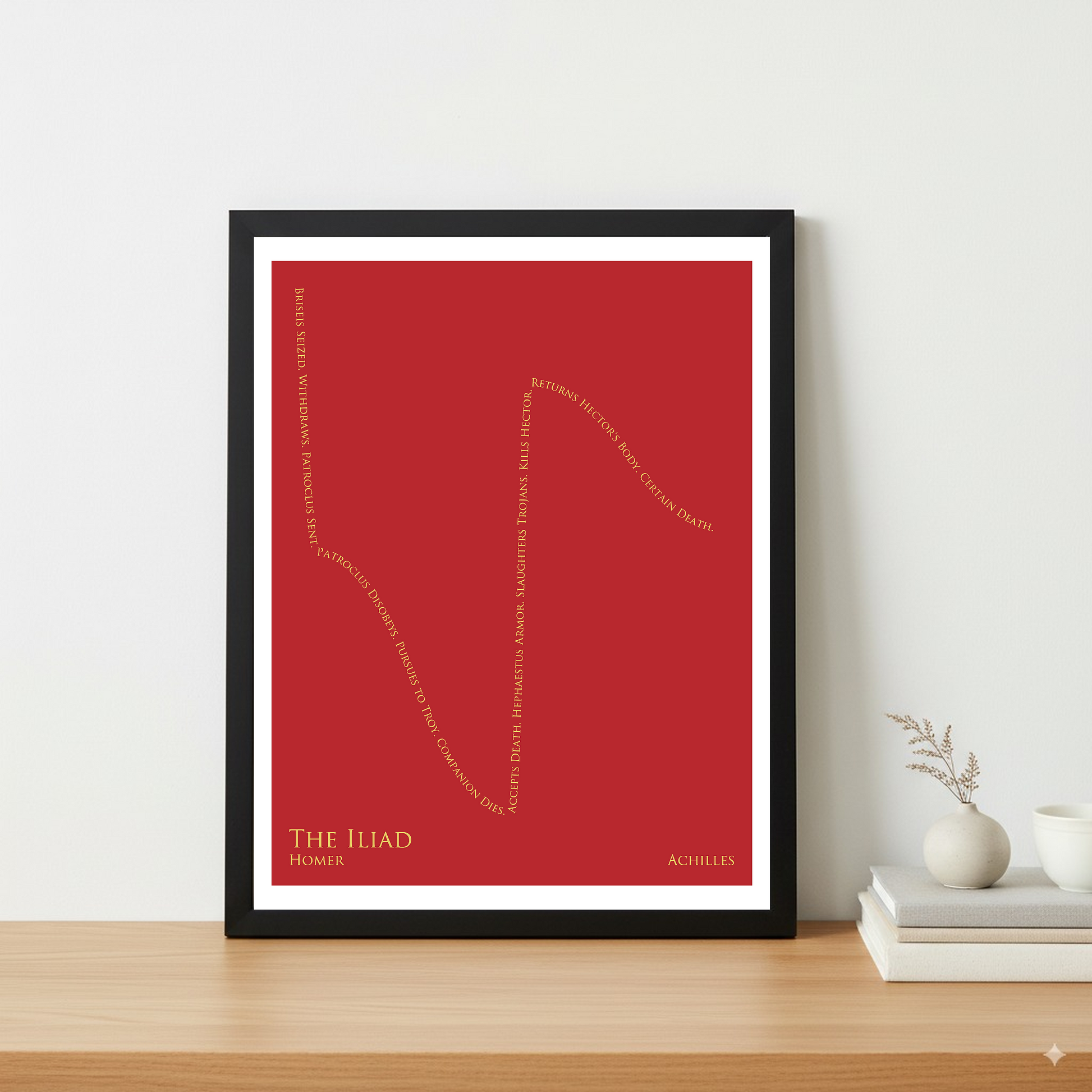 The Iliad — Achilles — Homer | ↓↓ ↑↑ ↓ — Oedipus | 11x14 — Storybeats — Red/Gold | Table — Frame | SKU: 79602323857638985270