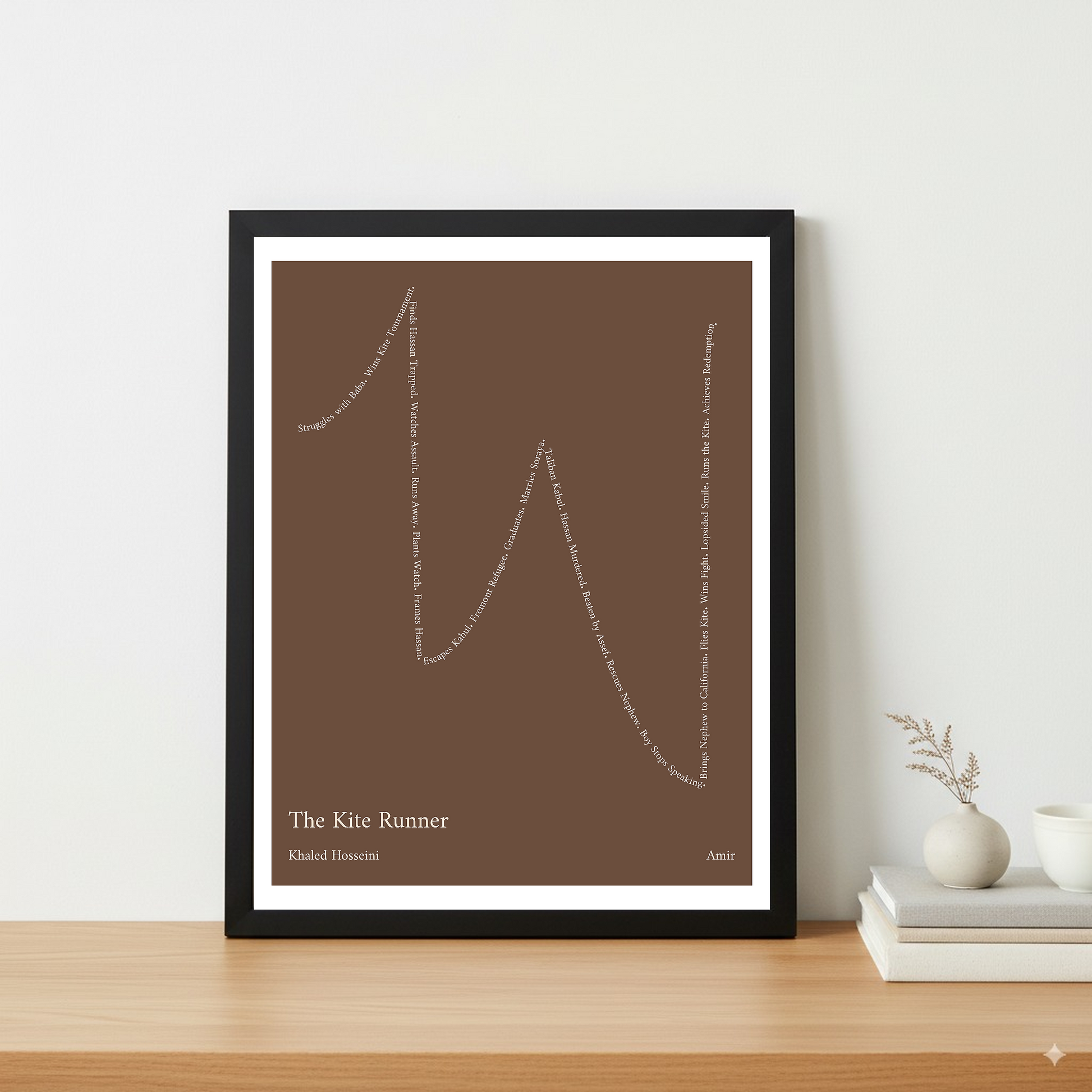 The Kite Runner — Amir — Khaled Hosseini | ↑ ↓↓ ↑↑ ↓↓ ↑↑ — Complex | 11x14 — Storybeats — Brown/Ivory | Table — Frame | SKU: 19744871544526076030