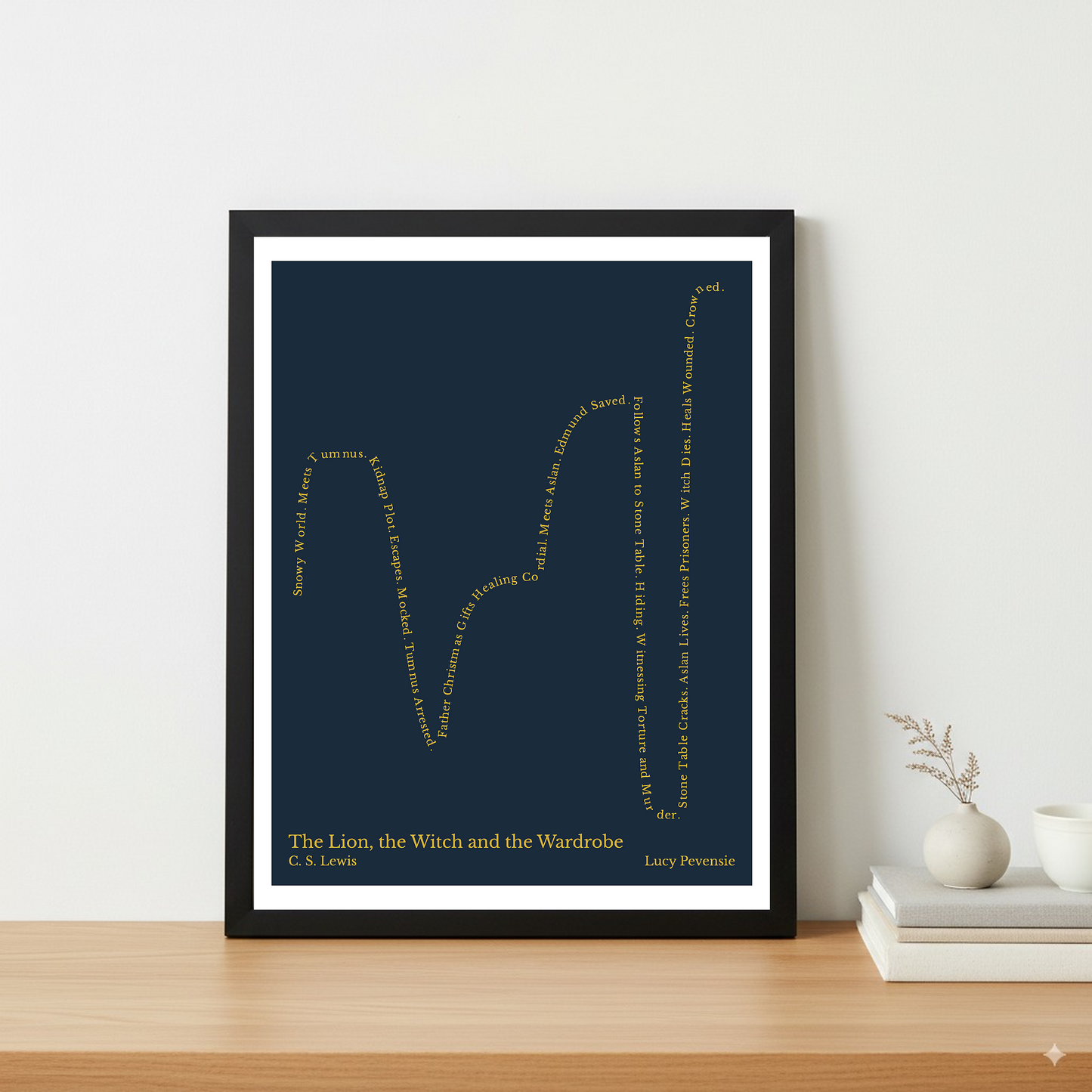 The Lion, the Witch and the Wardrobe — Lucy Pevensie — C. S. Lewis | ↑ ↓ ↑↑ ↓↓ ↑↑ — Complex | 11x14 — Storybeats — Navy/Gold | Table — Frame | SKU: 11985634495202533404