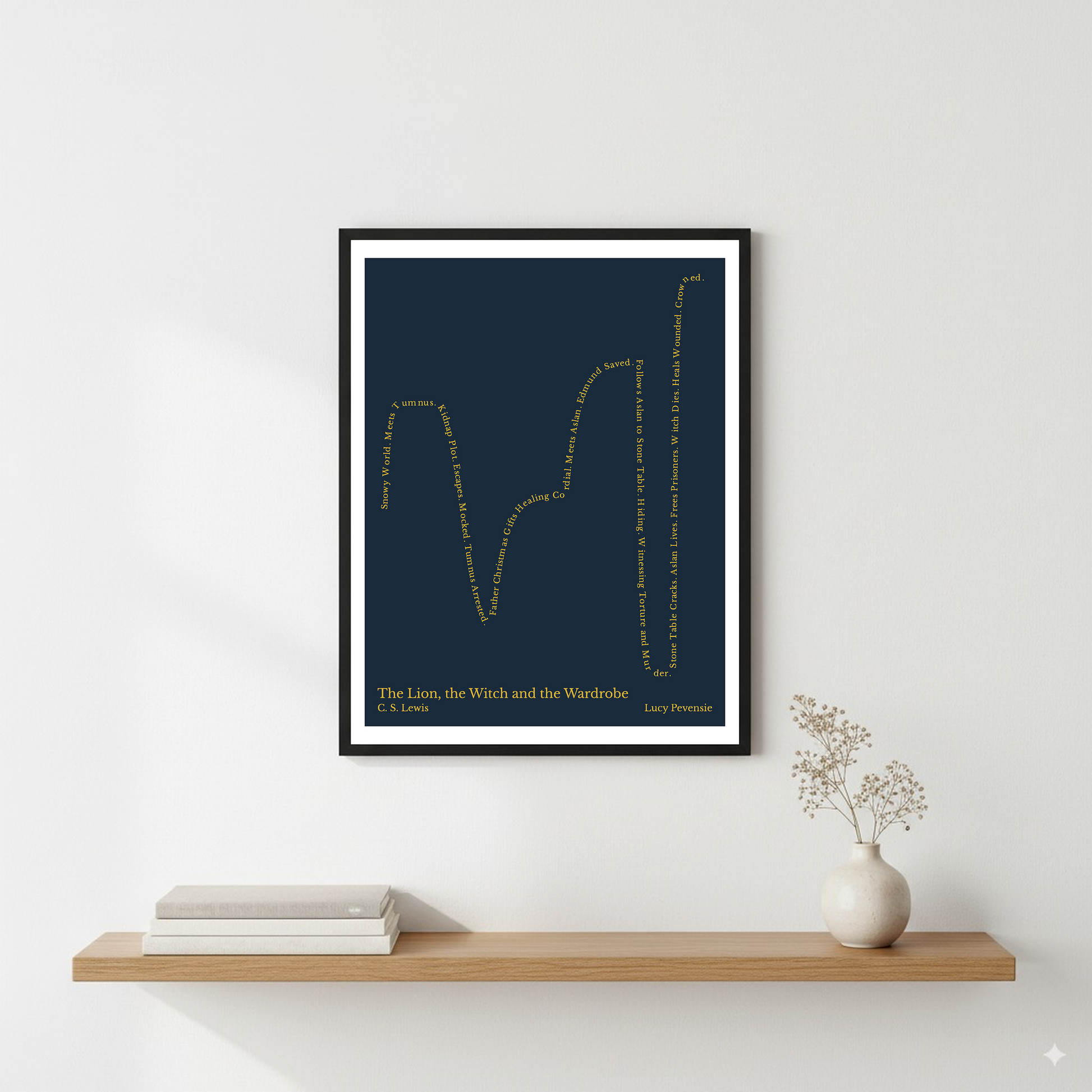 The Lion, the Witch and the Wardrobe — Lucy Pevensie — C. S. Lewis | ↑ ↓ ↑↑ ↓↓ ↑↑ — Complex | 11x14 — Storybeats — Navy/Gold | Wall — Frame | SKU: 11985634495202533404