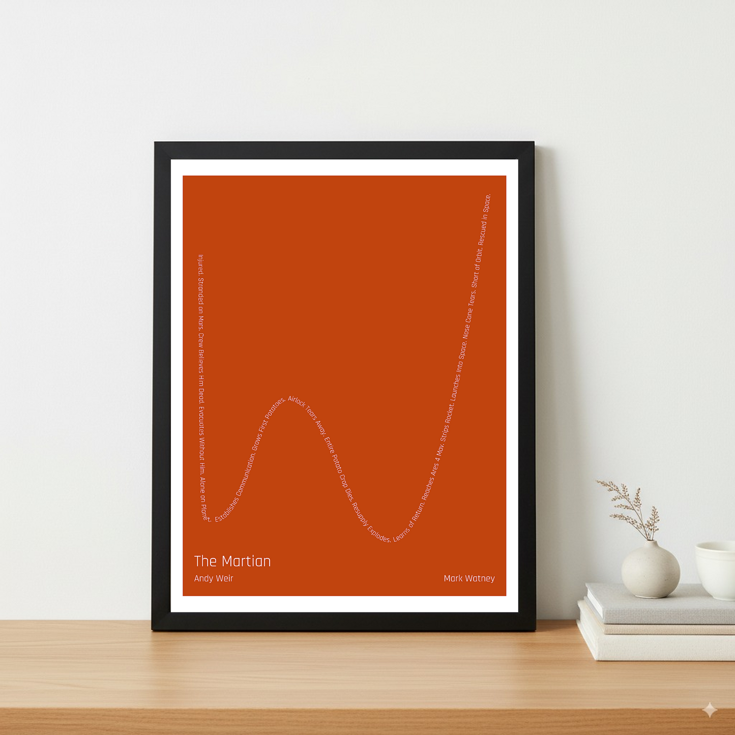 The Martian — Mark Watney — Andy Weir | ↓↓ ↑ ↓ ↑↑ — Complex | 11x14 — Storybeats — Red/Gray | Table — Frame | SKU: 19424082447080196015