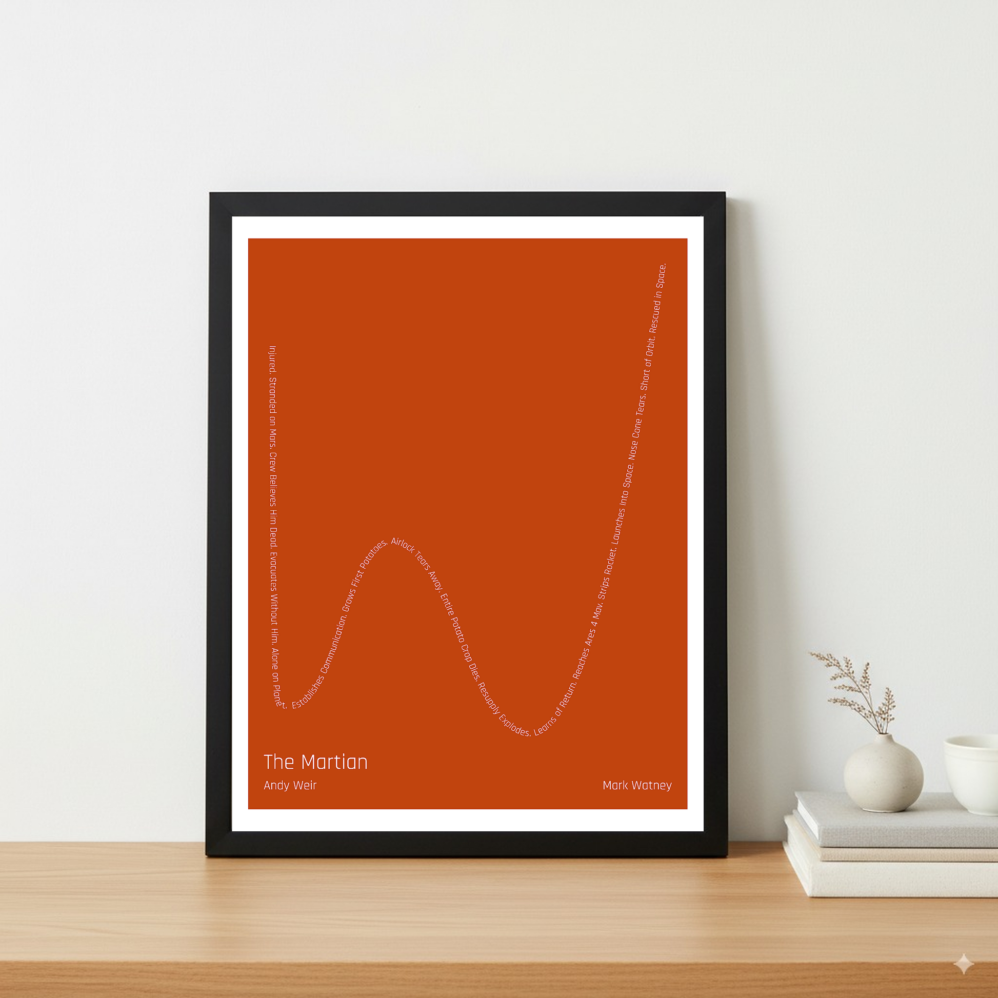 The Martian — Mark Watney — Andy Weir | ↓↓ ↑ ↓ ↑↑ — Complex | 11x14 — Storybeats — Red/Gray | Table — Frame | SKU: 19424082447080196015