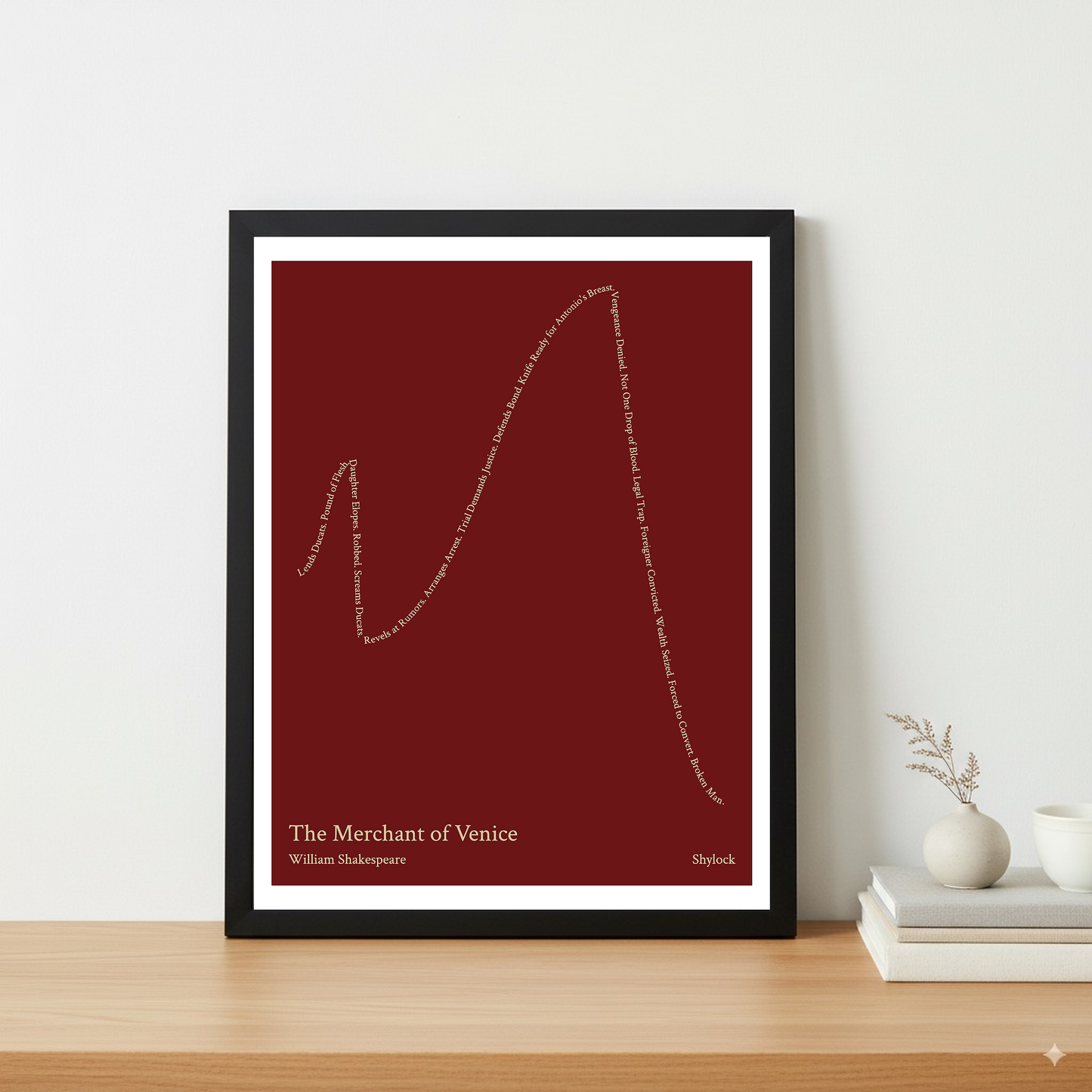 The Merchant of Venice — Shylock — William Shakespeare | ↑ ↓ ↑↑ ↓↓ — Complex | 11x14 — Storybeats — Brown/Tan | Table — Frame | SKU: 23932599635706809555
