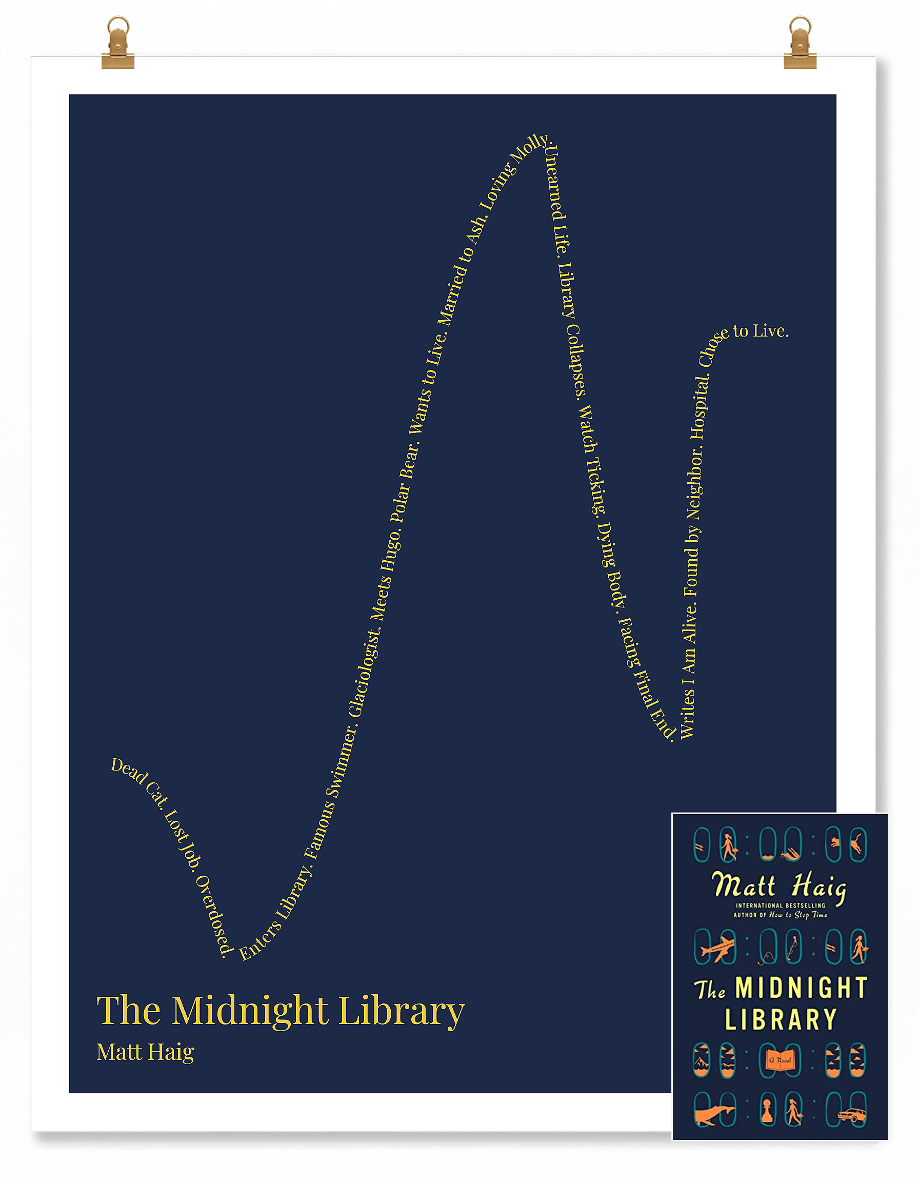 The Midnight Library — Nora Seed — Matt Haig | ↓ ↑↑ ↓↓ ↑ — Complex | 11x14 — Storybeats — Navy/Gold | SKU: 19199054357598891740