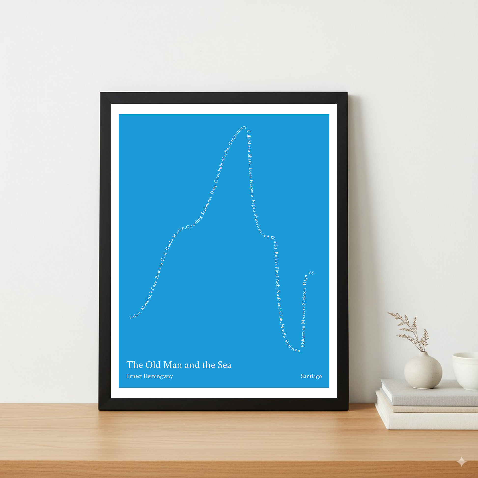 The Old Man and the Sea — Santiago — Ernest Hemingway | ↑↑ ↓↓ ↑ — Boy Meets Girl | 11x14 — Storybeats — Blue/White | Table — Frame | SKU: 25974050207212615341