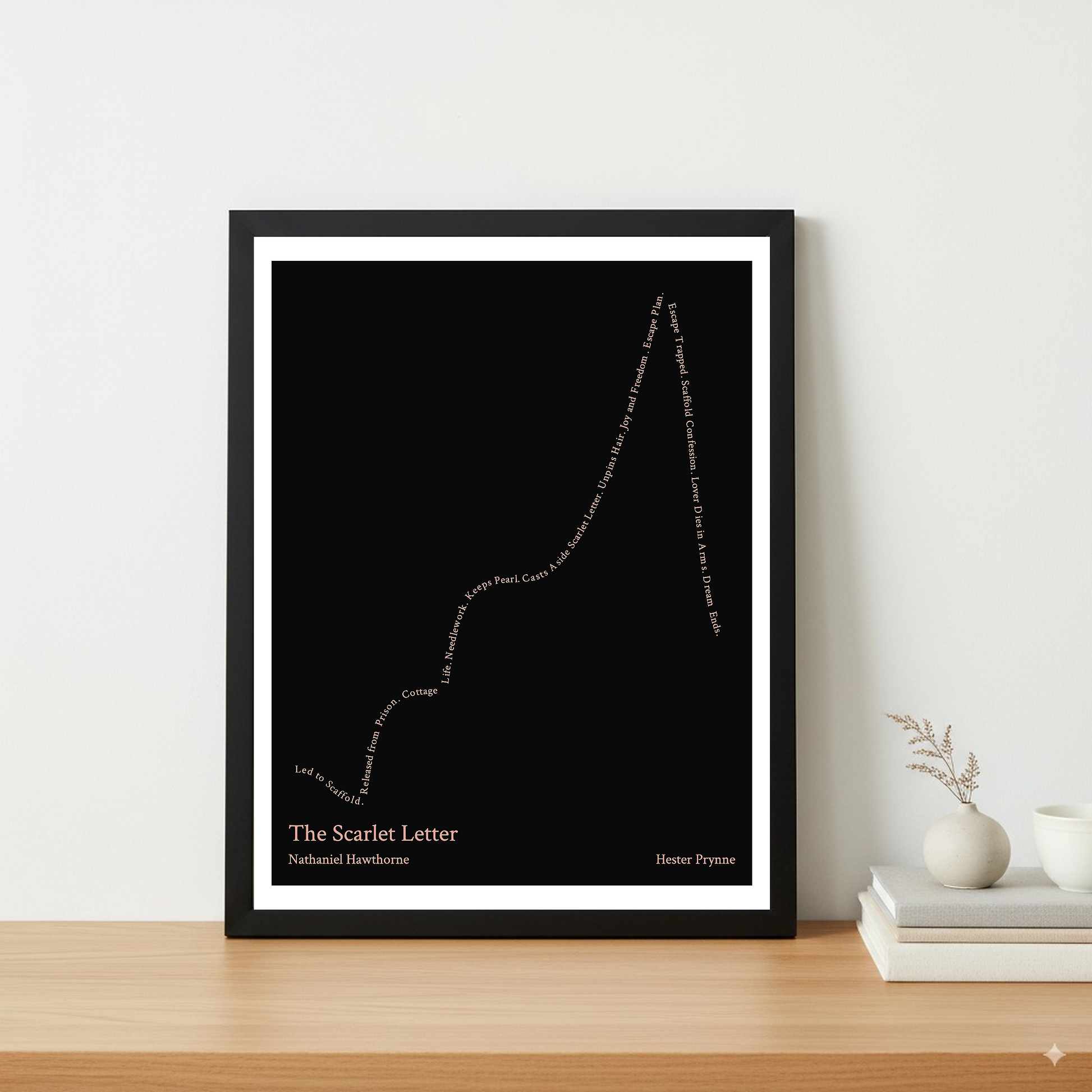 The Scarlet Letter — Hester Prynne — Nathaniel Hawthorne | → ↑↑ ↓ — Icarus | 11x14 — Storybeats — Black/Pink | Table — Frame | SKU: 17809644716873276877