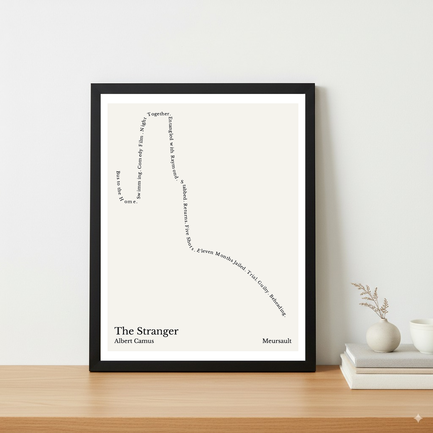The Stranger — Meursault — Albert Camus | ↓ ↑ ↓↓↓ — Oedipus | 11x14 — Storybeats — White/Black | Table — Frame | SKU: 14958685404244899661