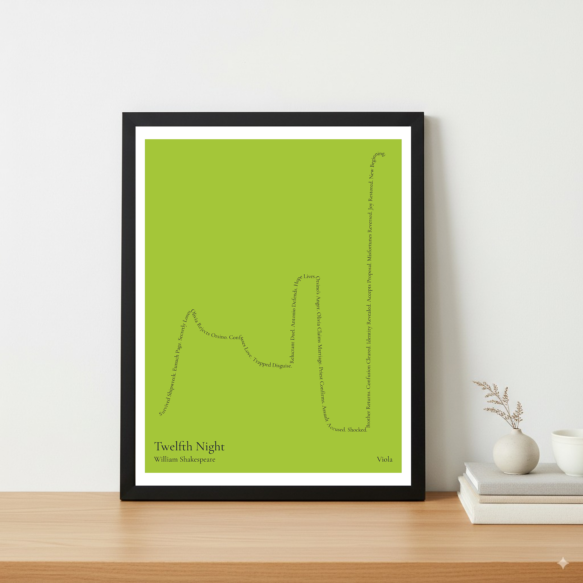 Twelfth Night — Viola — William Shakespeare | ↑ ↓ ↑ ↓ ↑↑ — Complex | 11x14 — Storybeats — Mint/Navy | Table — Frame | SKU: 13396063605952158168